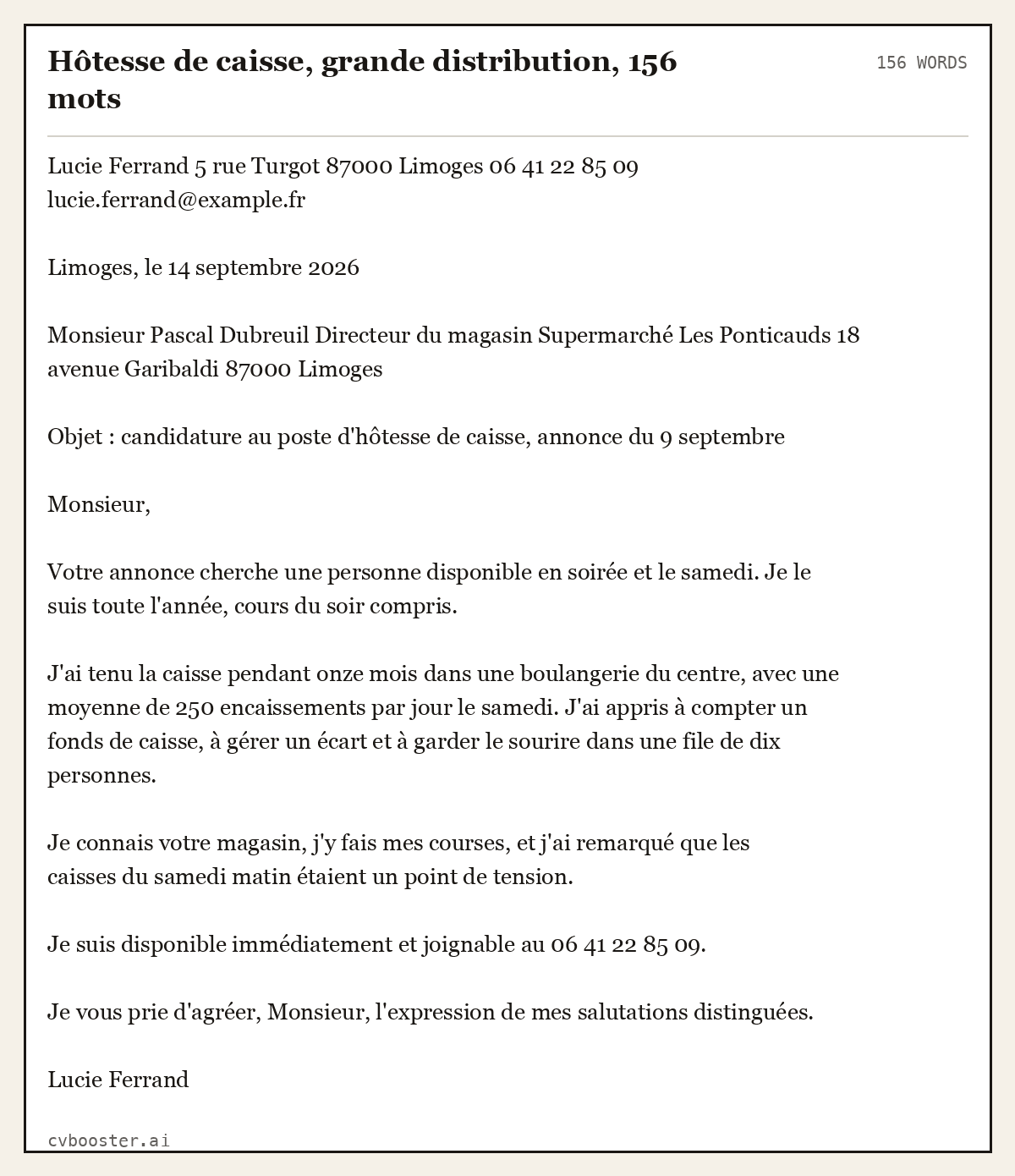 Exemple complet: Hôtesse de caisse, grande distribution, 156 mots, 156 mots