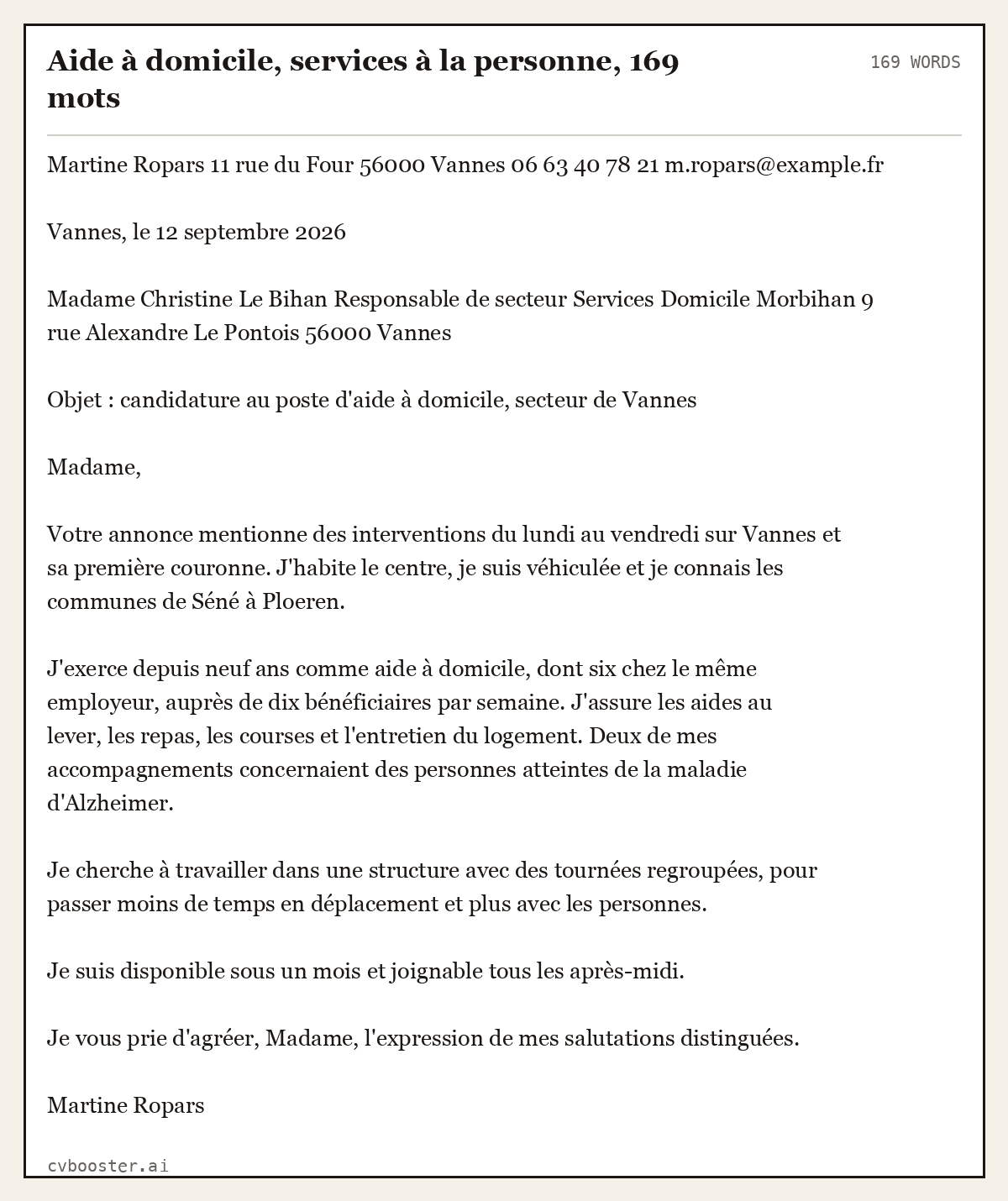 Exemple complet: Aide à domicile, services à la personne, 169 mots, 169 mots