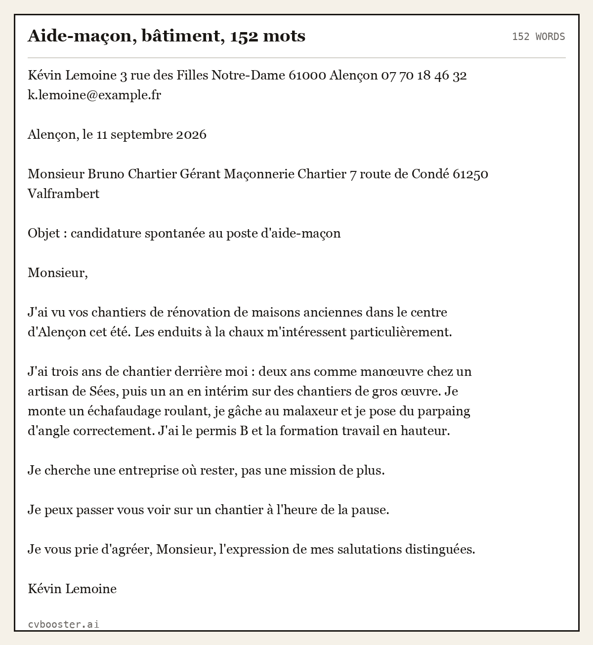 Exemple complet: Aide-maçon, bâtiment, 152 mots, 152 mots