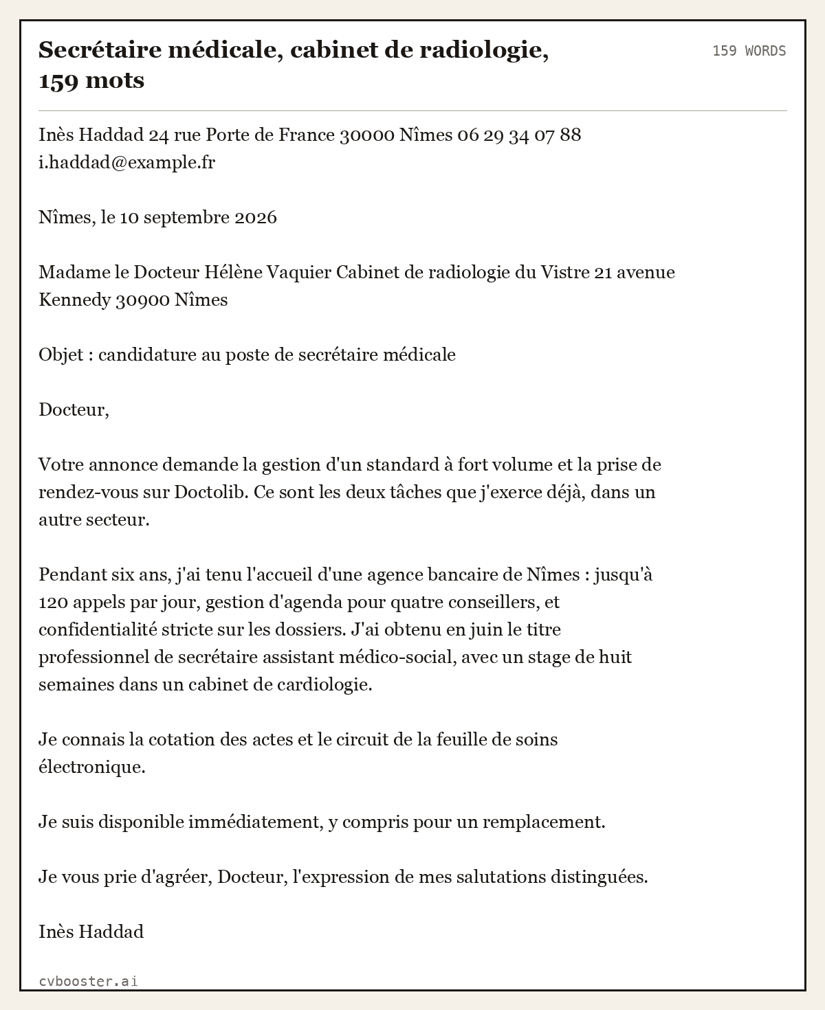 Exemple complet: Secrétaire médicale, cabinet de radiologie, 159 mots, 159 mots