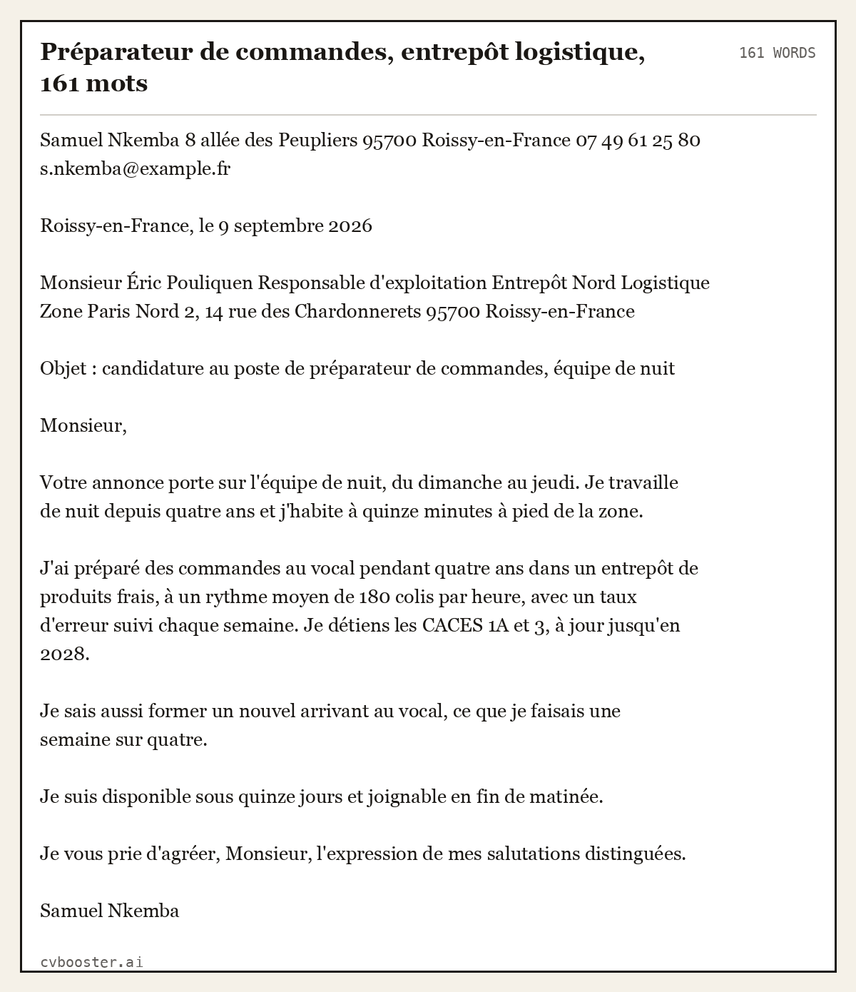 Exemple complet: Préparateur de commandes, entrepôt logistique, 161 mots, 161 mots