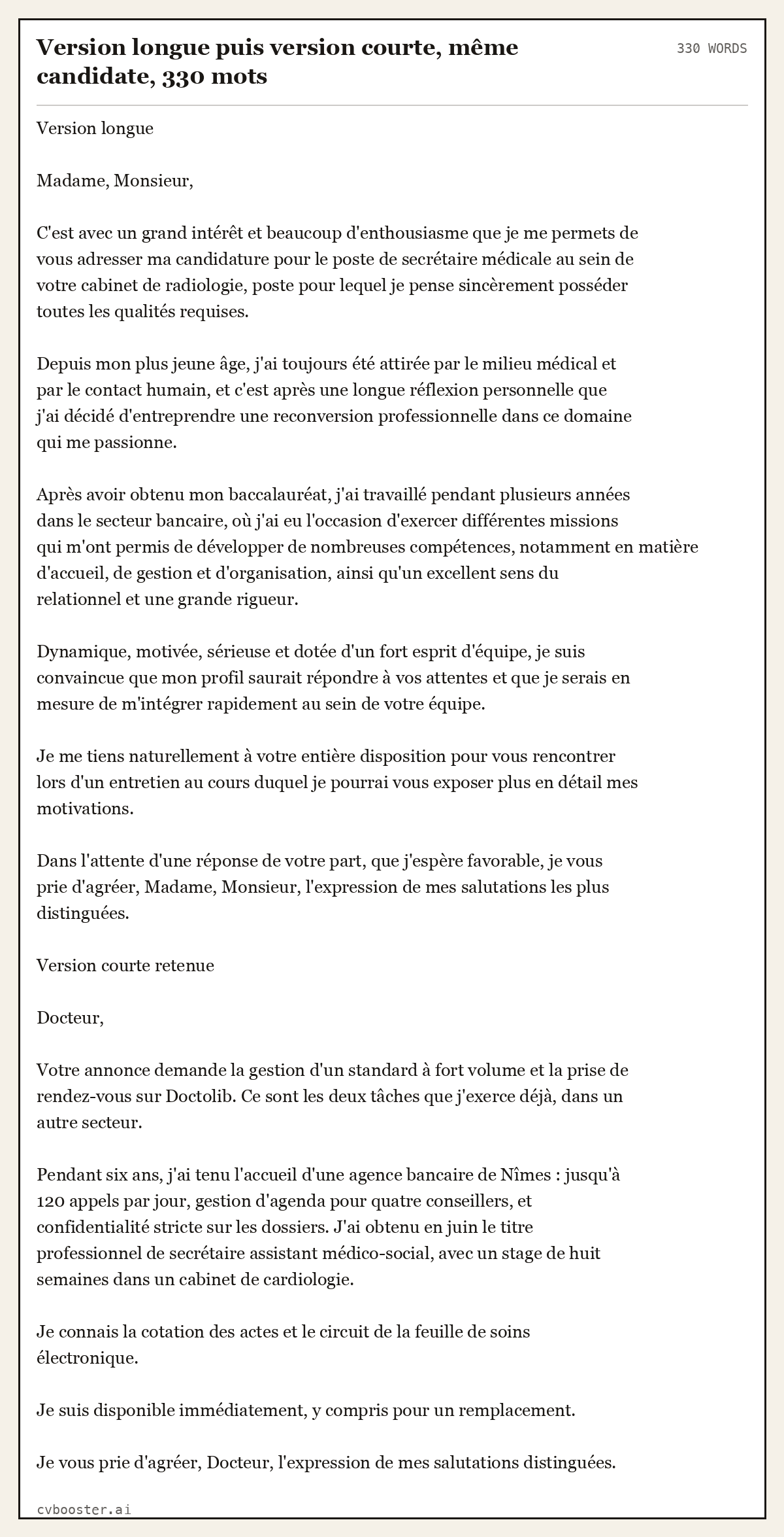 Exemple complet: Version longue puis version courte, même candidate, 330 mots, 330 mots