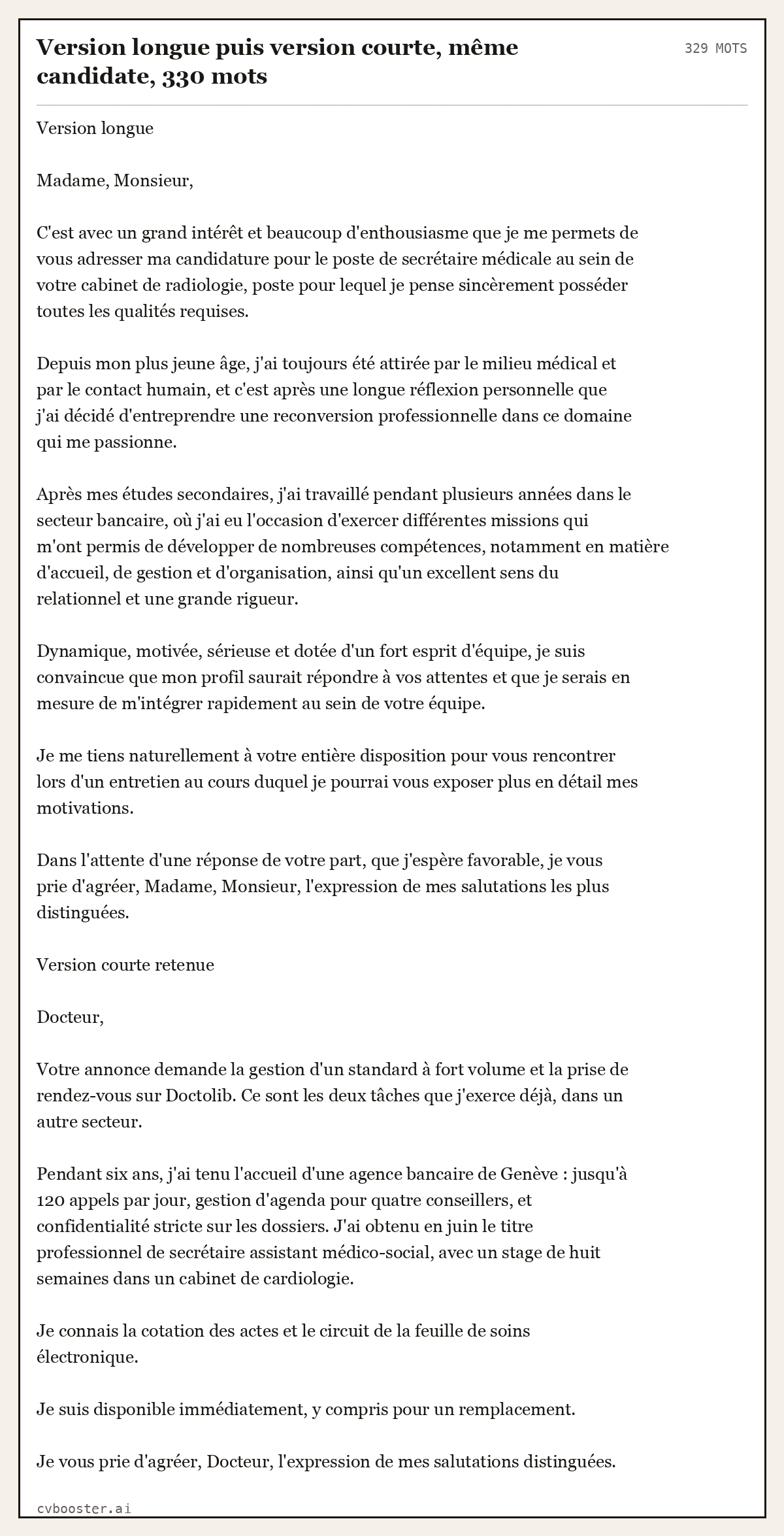 Exemple complet: Version longue puis version courte, même candidate, 330 mots, 329 mots