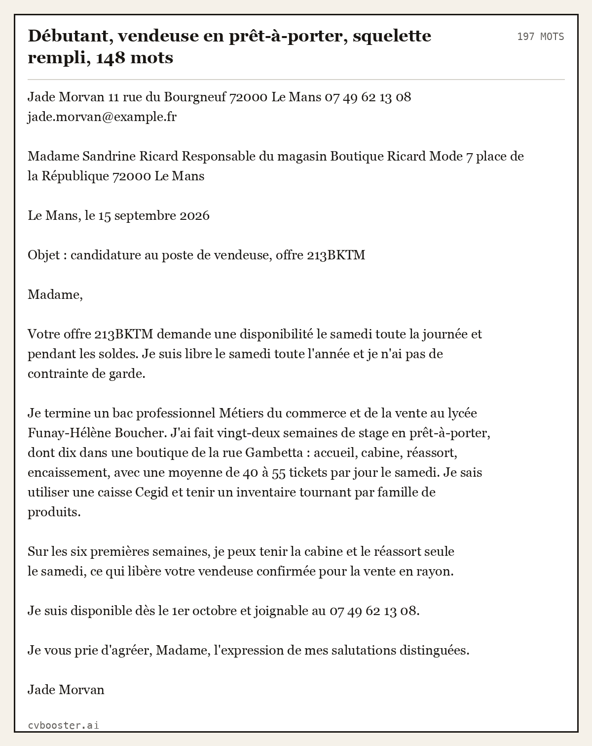 Exemple complet: Débutant, vendeuse en prêt-à-porter, squelette rempli, 148 mots, 197 mots