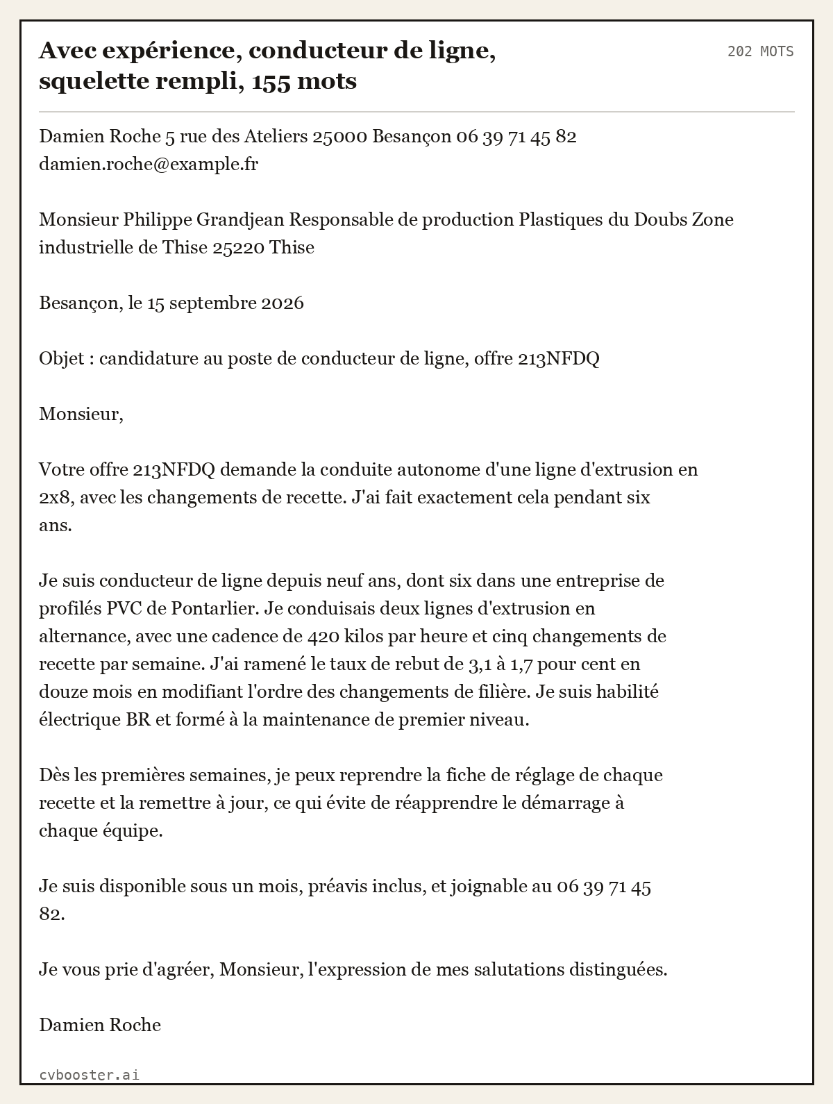 Exemple complet: Avec expérience, conducteur de ligne, squelette rempli, 155 mots, 202 mots