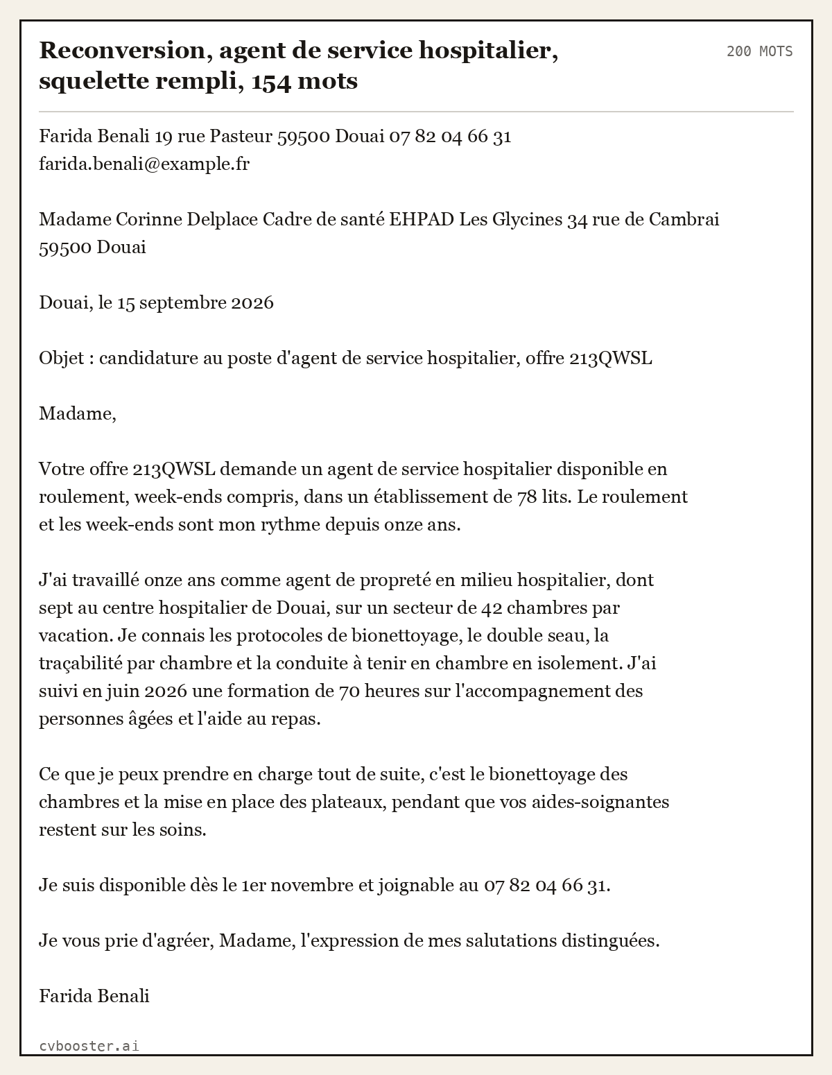 Exemple complet: Reconversion, agent de service hospitalier, squelette rempli, 154 mots, 200 mots