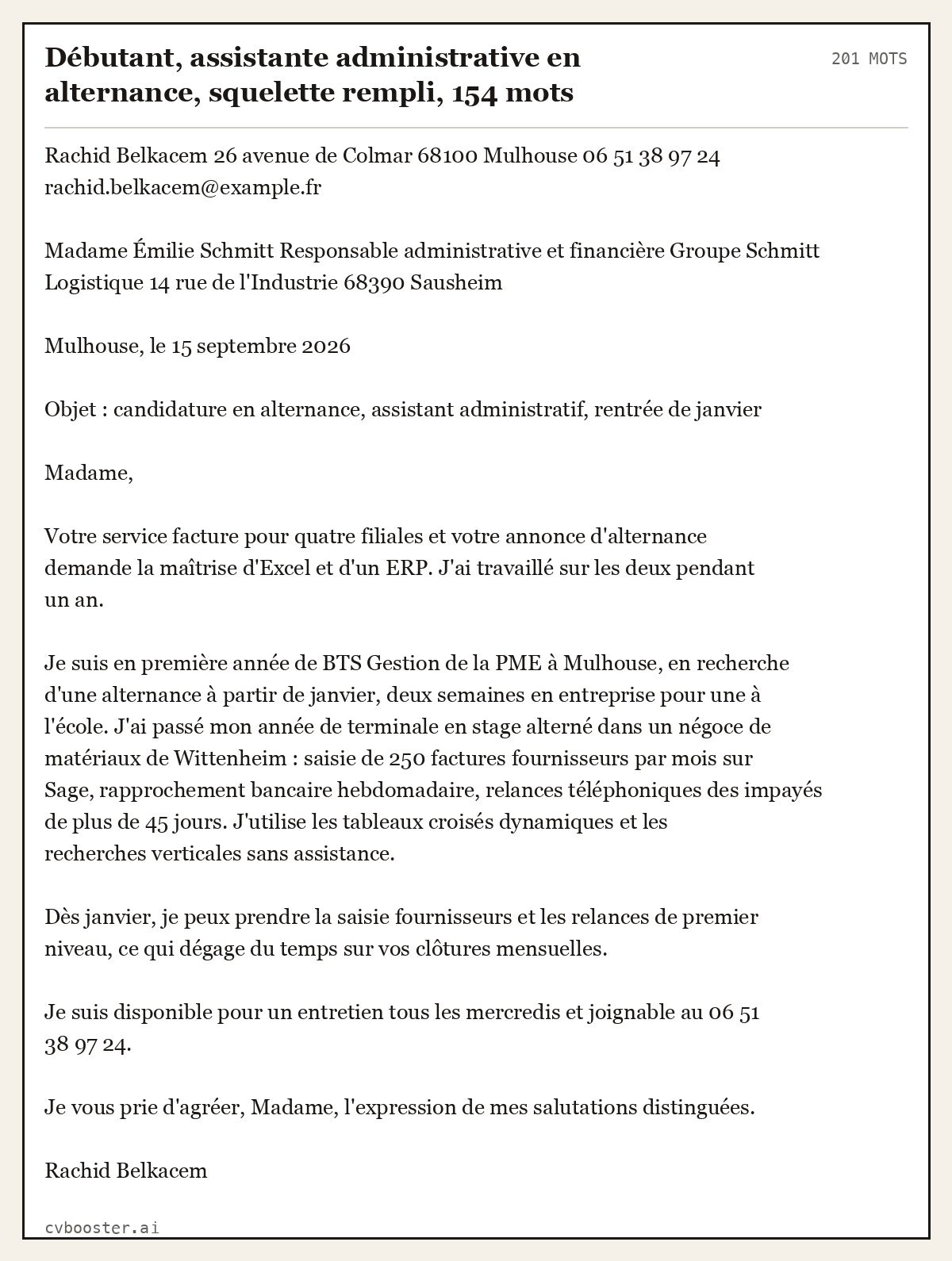 Exemple complet: Débutant, assistante administrative en alternance, squelette rempli, 154 mots, 201 mots