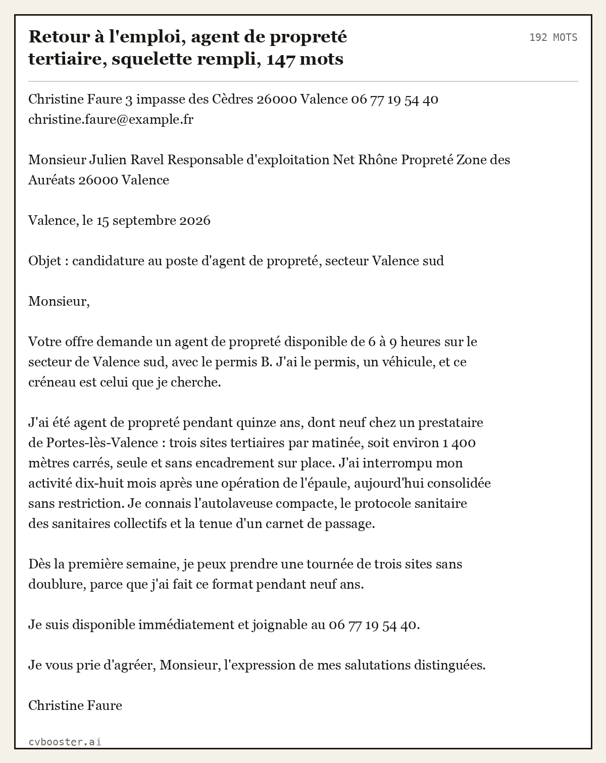 Exemple complet: Retour à l'emploi, agent de propreté tertiaire, squelette rempli, 147 mots, 192 mots