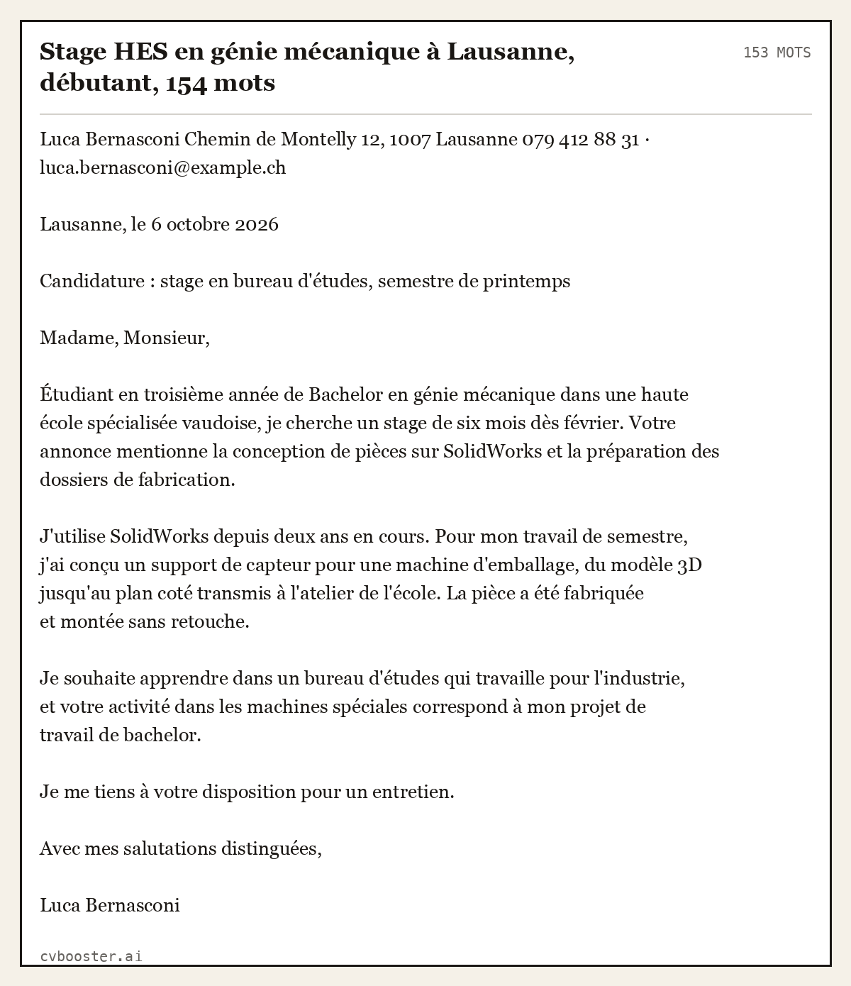 Exemple complet: Stage HES en génie mécanique à Lausanne, débutant, 153 mots
