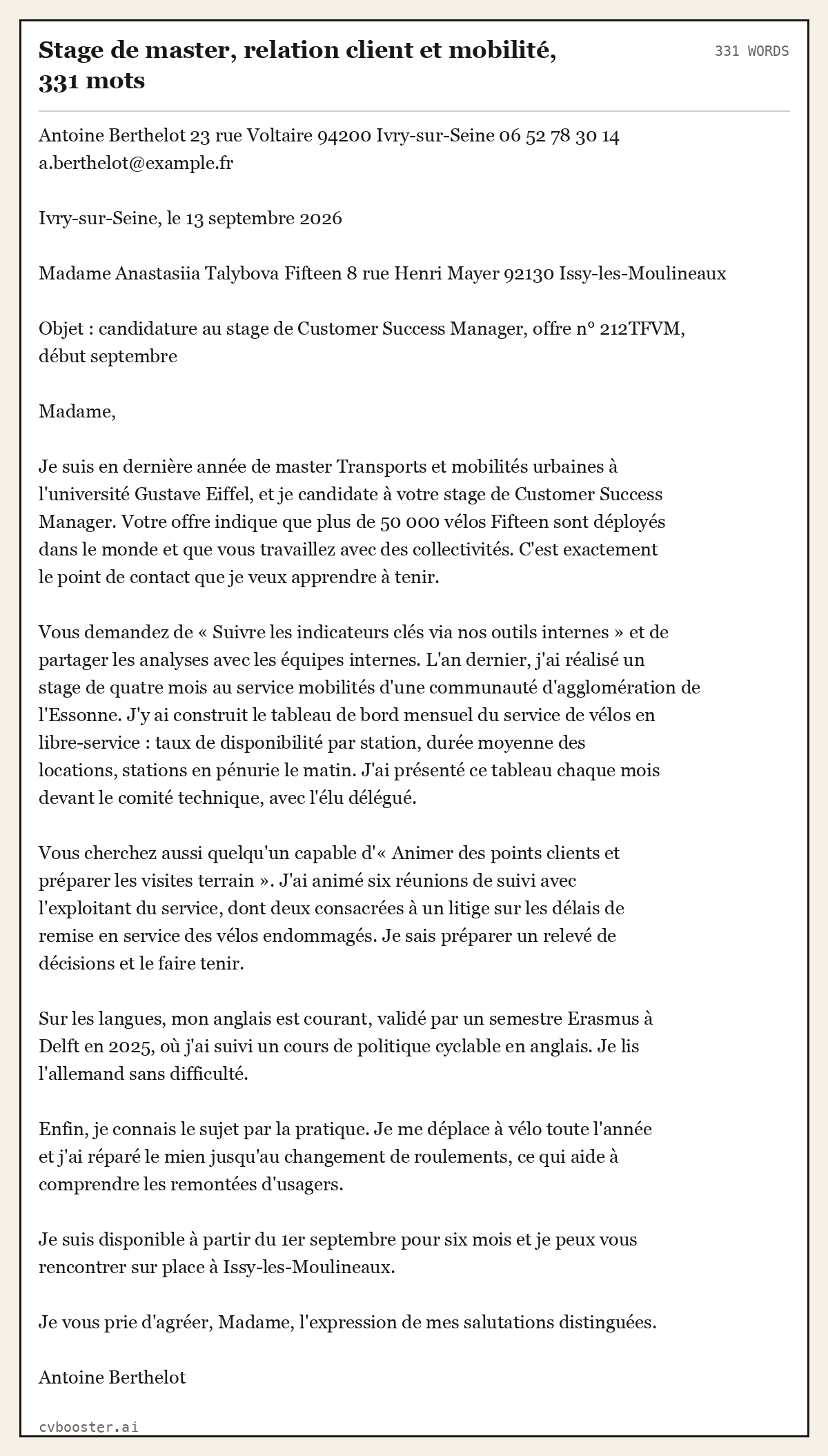 Exemple complet: Stage de master, relation client et mobilité, 331 mots, 331 mots