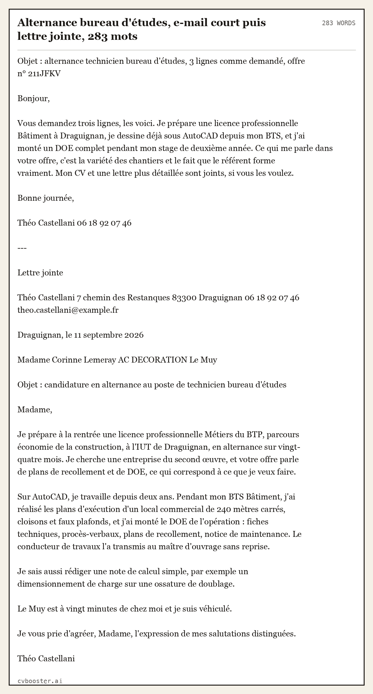 Exemple complet: Alternance bureau d'études, e-mail court puis lettre jointe, 283 mots, 283 mots