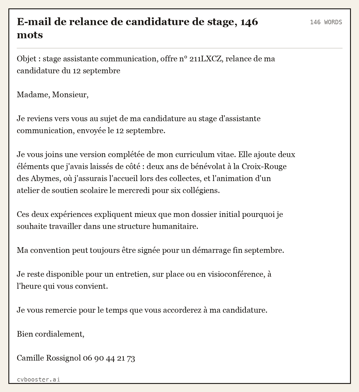 Exemple complet: E-mail de relance de candidature de stage, 146 mots, 146 mots