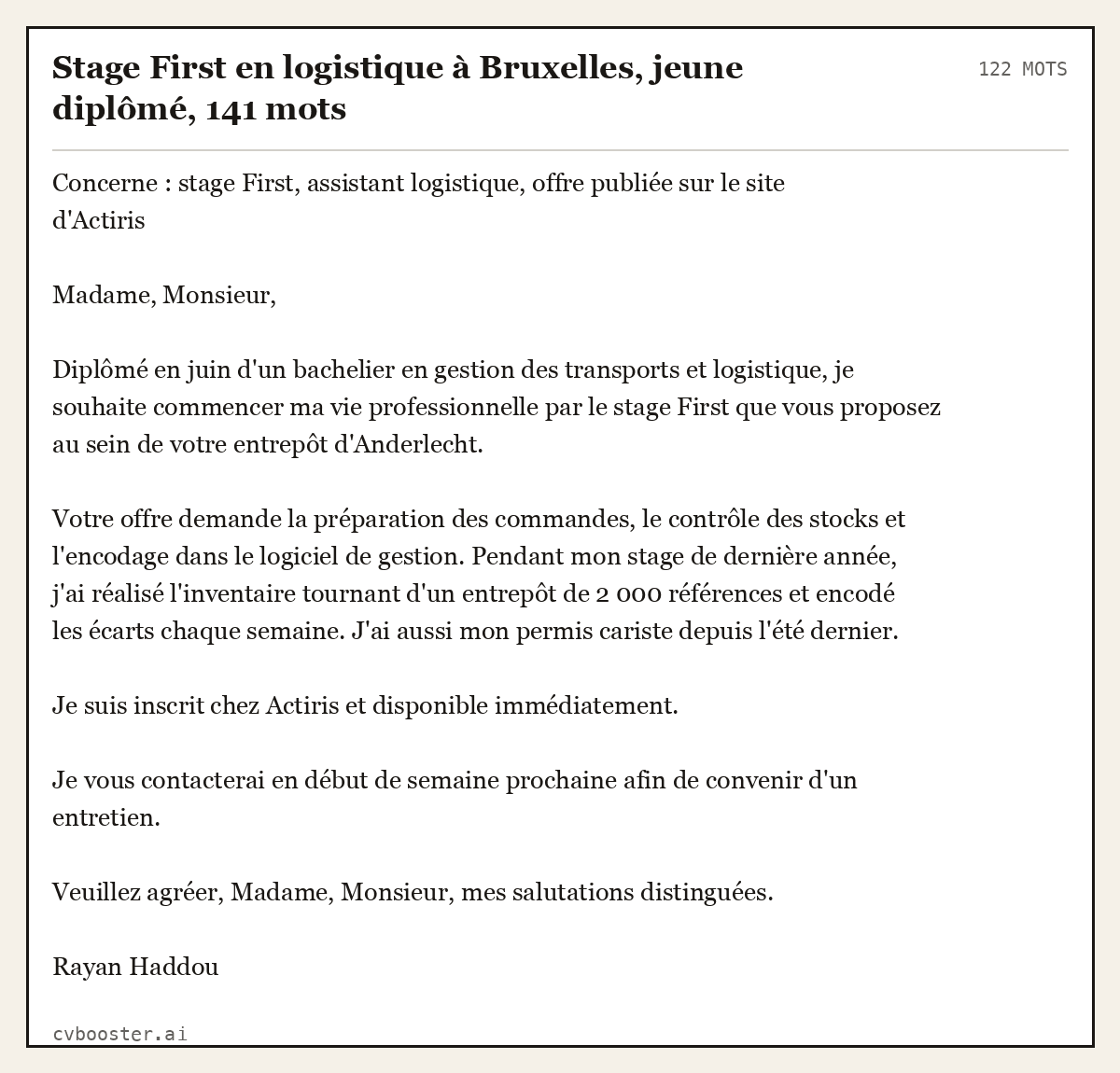 Exemple complet: Stage First en logistique à Bruxelles, jeune diplômé, 122 mots