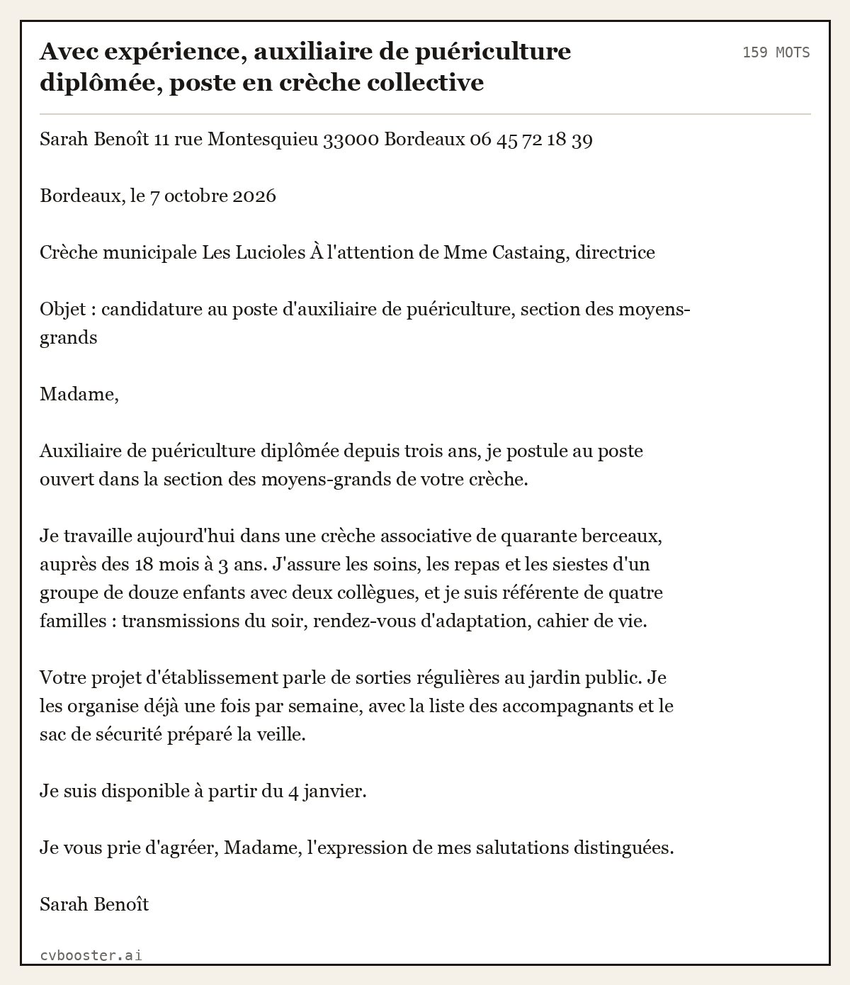 Exemple complet: Avec expérience, auxiliaire de puériculture diplômée, poste en crèche collective, 159 mots
