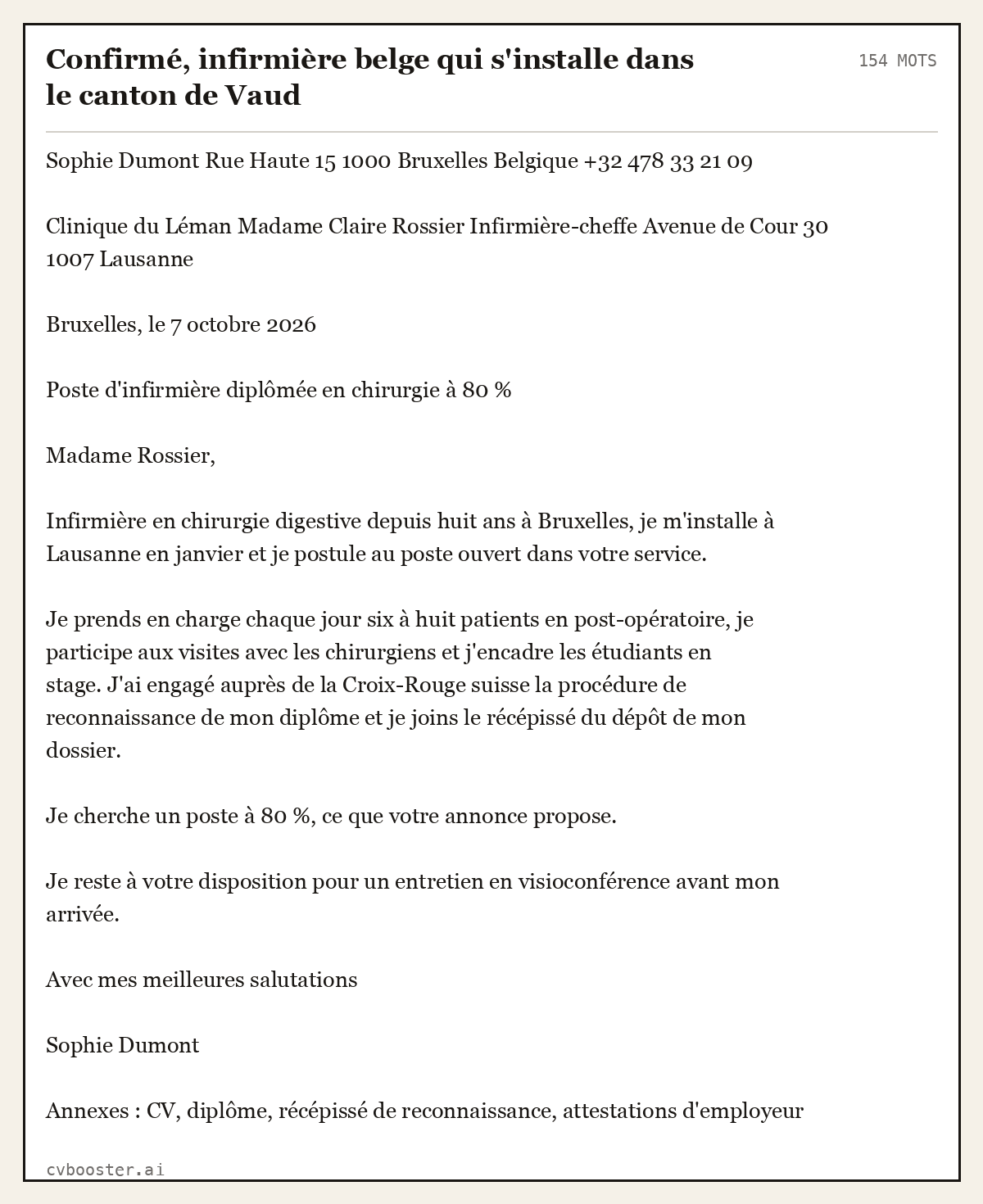 Exemple complet: Confirmé, infirmière belge qui s'installe dans le canton de Vaud, 154 mots