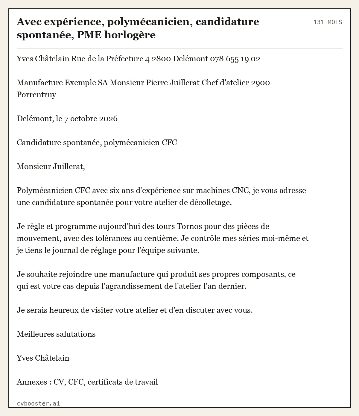 Exemple complet: Avec expérience, polymécanicien, candidature spontanée, PME horlogère, 131 mots