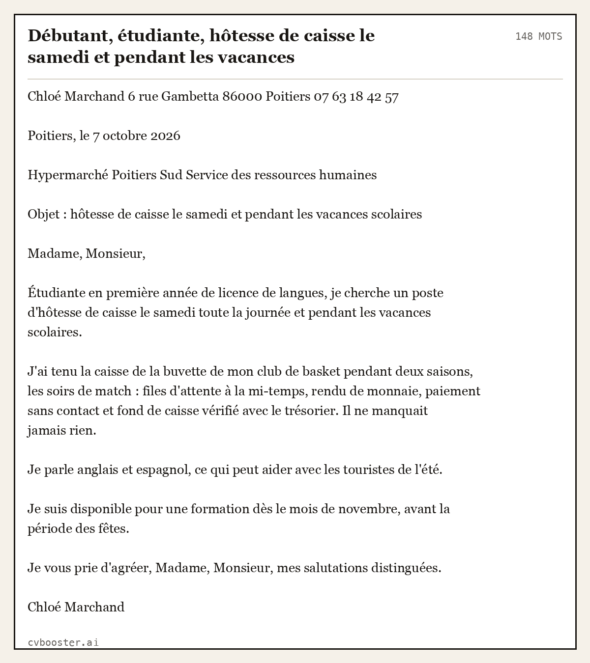 Exemple complet: Débutant, étudiante, hôtesse de caisse le samedi et pendant les vacances, 148 mots