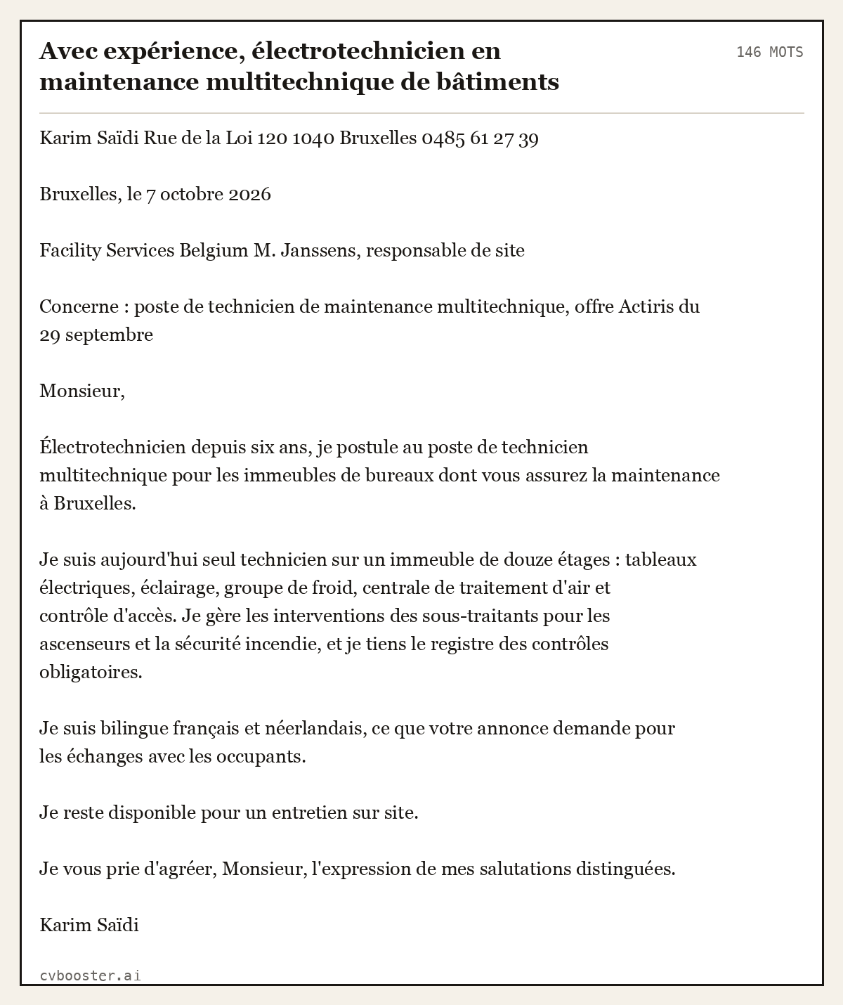 Exemple complet: Avec expérience, électrotechnicien en maintenance multitechnique de bâtiments tertiaires, 146 mots