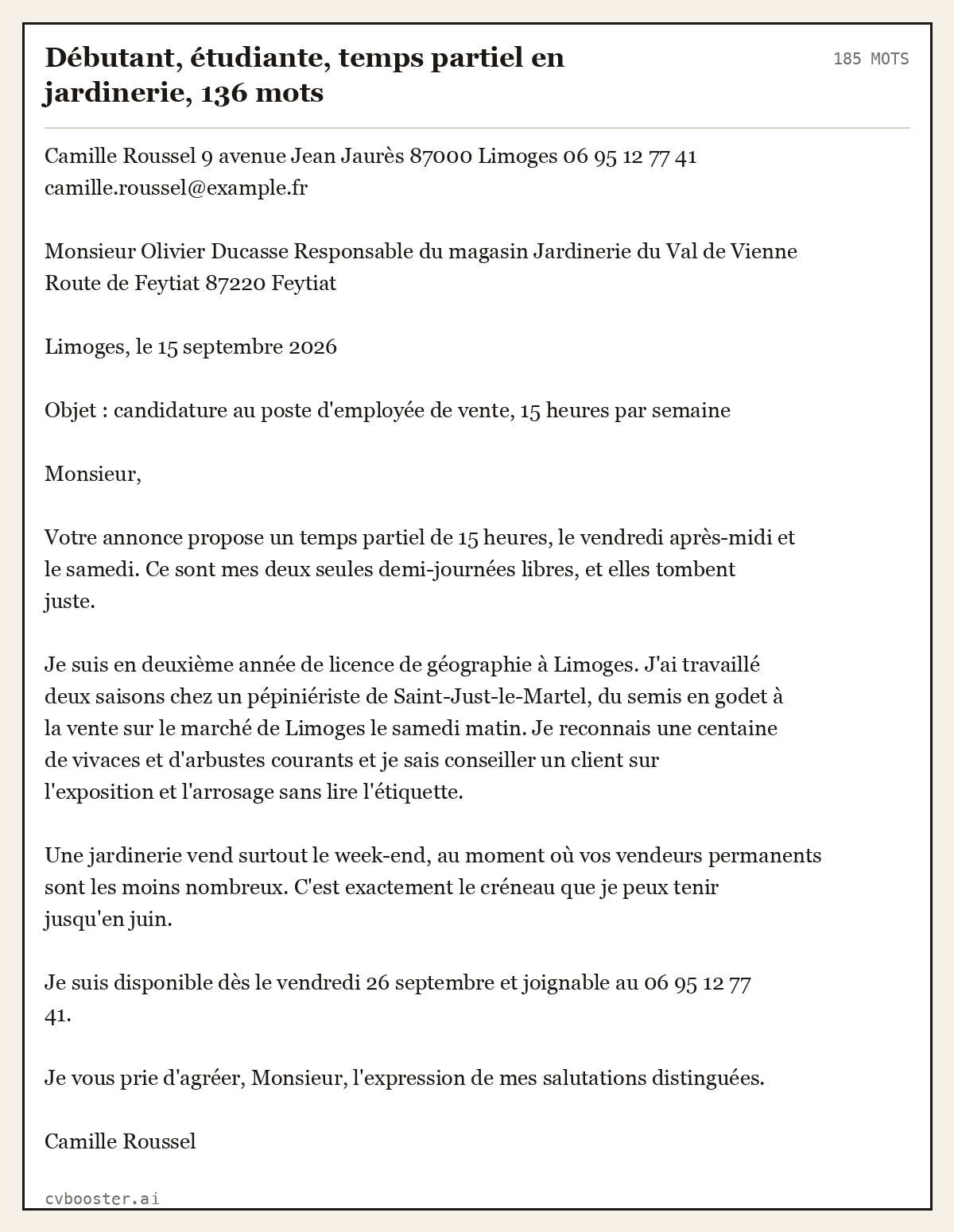 Exemple complet: Débutant, étudiante, temps partiel en jardinerie, 136 mots, 185 mots
