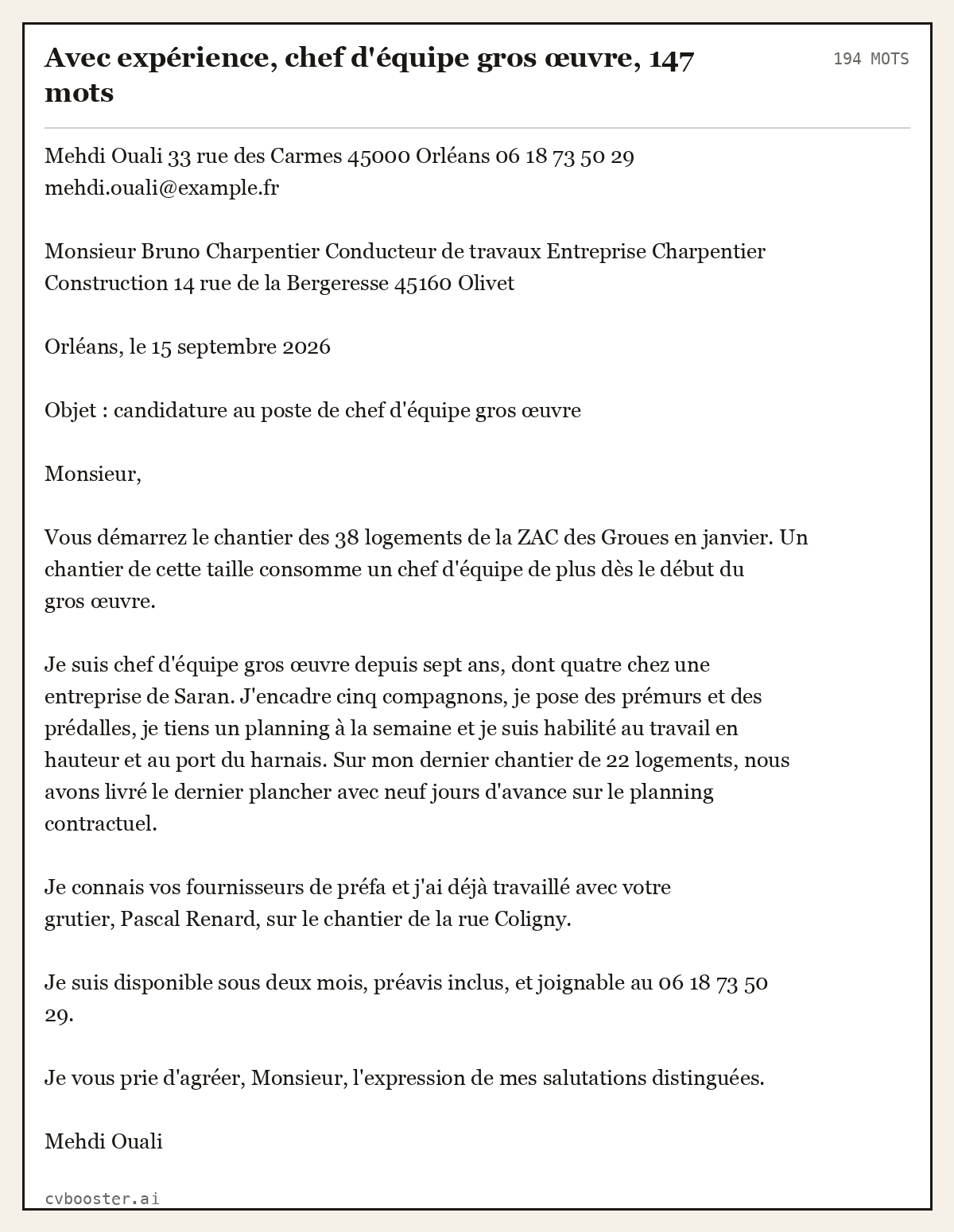 Exemple complet: Avec expérience, chef d'équipe gros œuvre, 147 mots, 194 mots