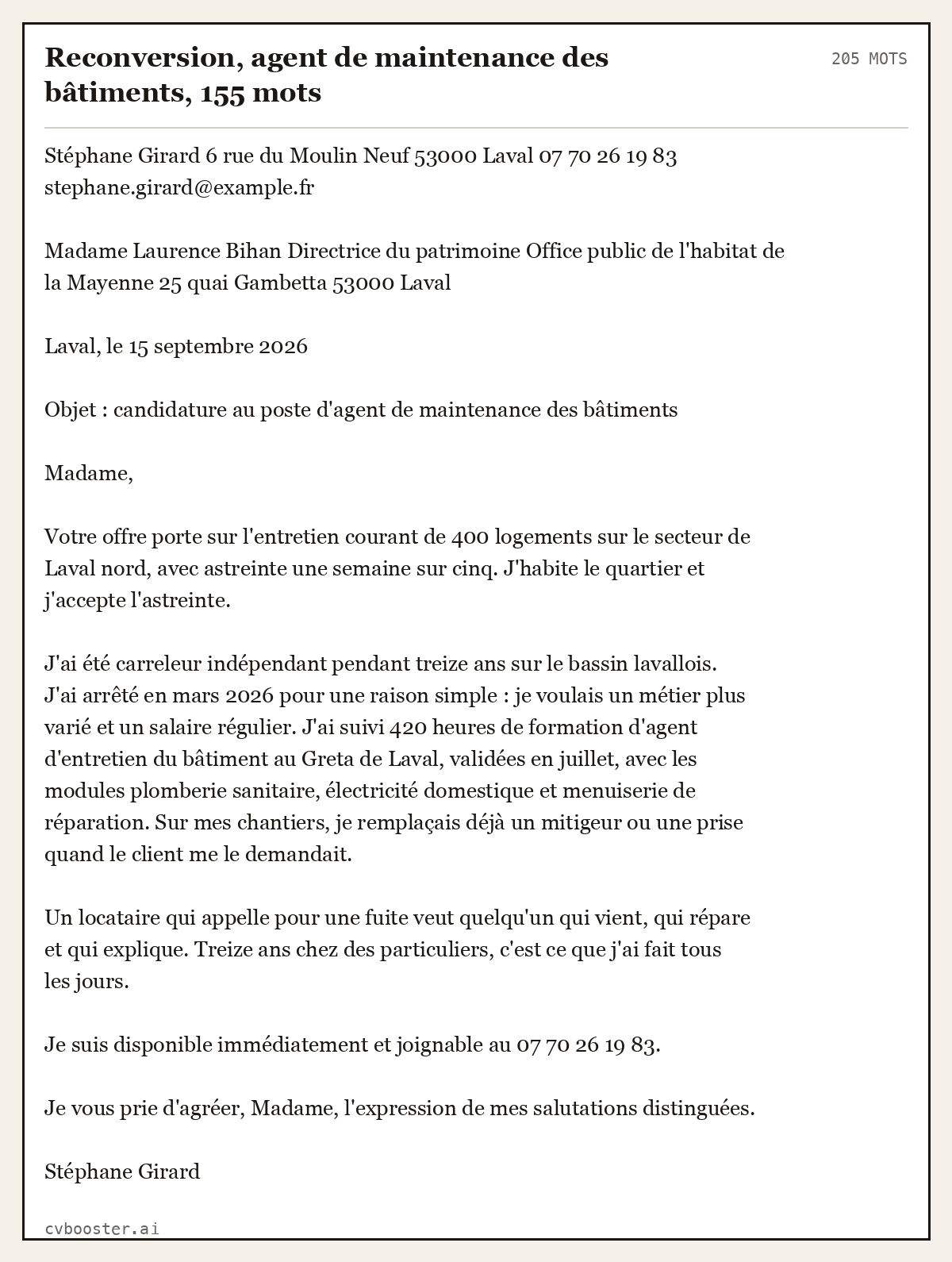 Exemple complet: Reconversion, agent de maintenance des bâtiments, 155 mots, 205 mots