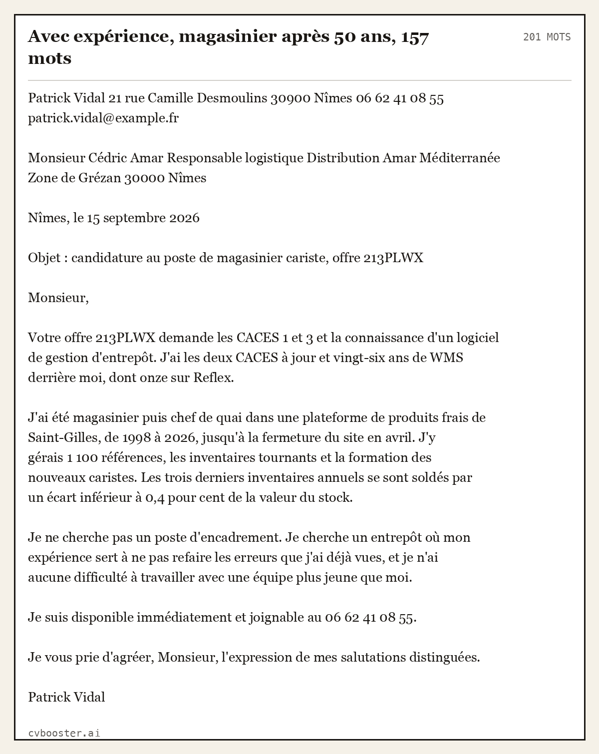 Exemple complet: Avec expérience, magasinier après 50 ans, 157 mots, 201 mots