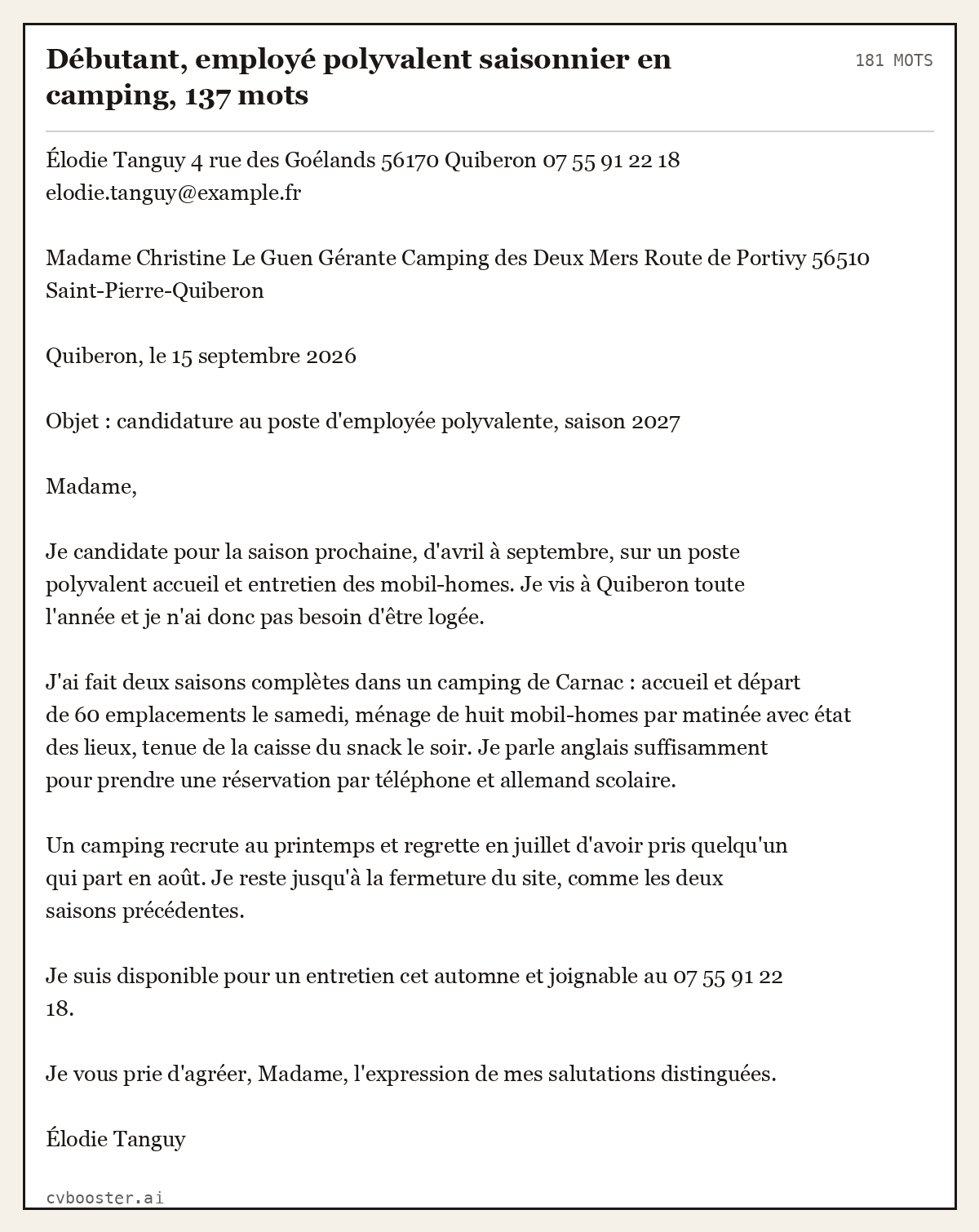 Exemple complet: Débutant, employé polyvalent saisonnier en camping, 137 mots, 181 mots