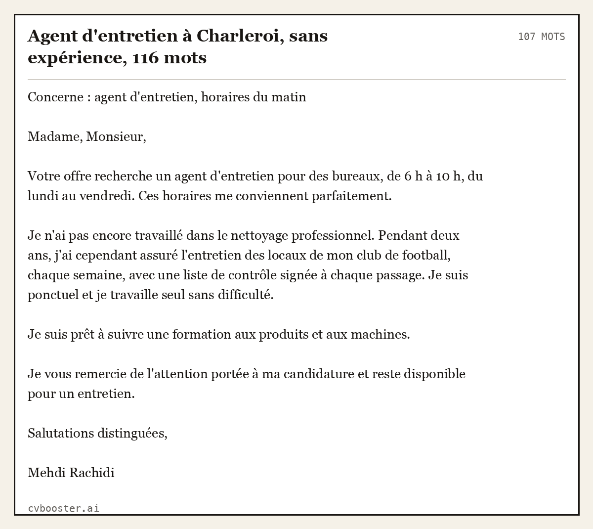 Exemple complet: Agent d'entretien à Charleroi, sans expérience, 107 mots