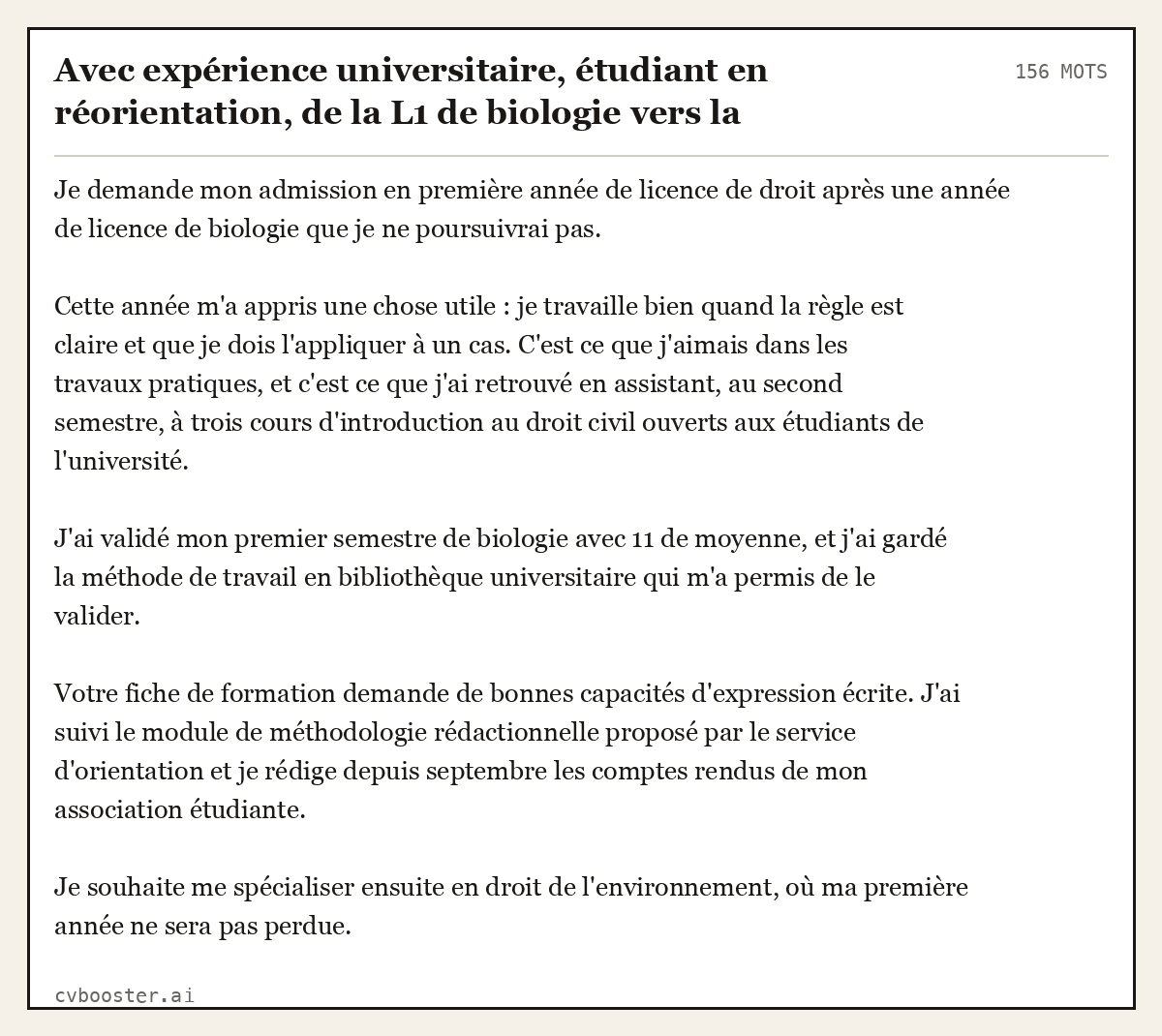 Exemple complet: Avec expérience universitaire, étudiant en réorientation, de la L1 de biologie vers la licence de droit, 156 mots