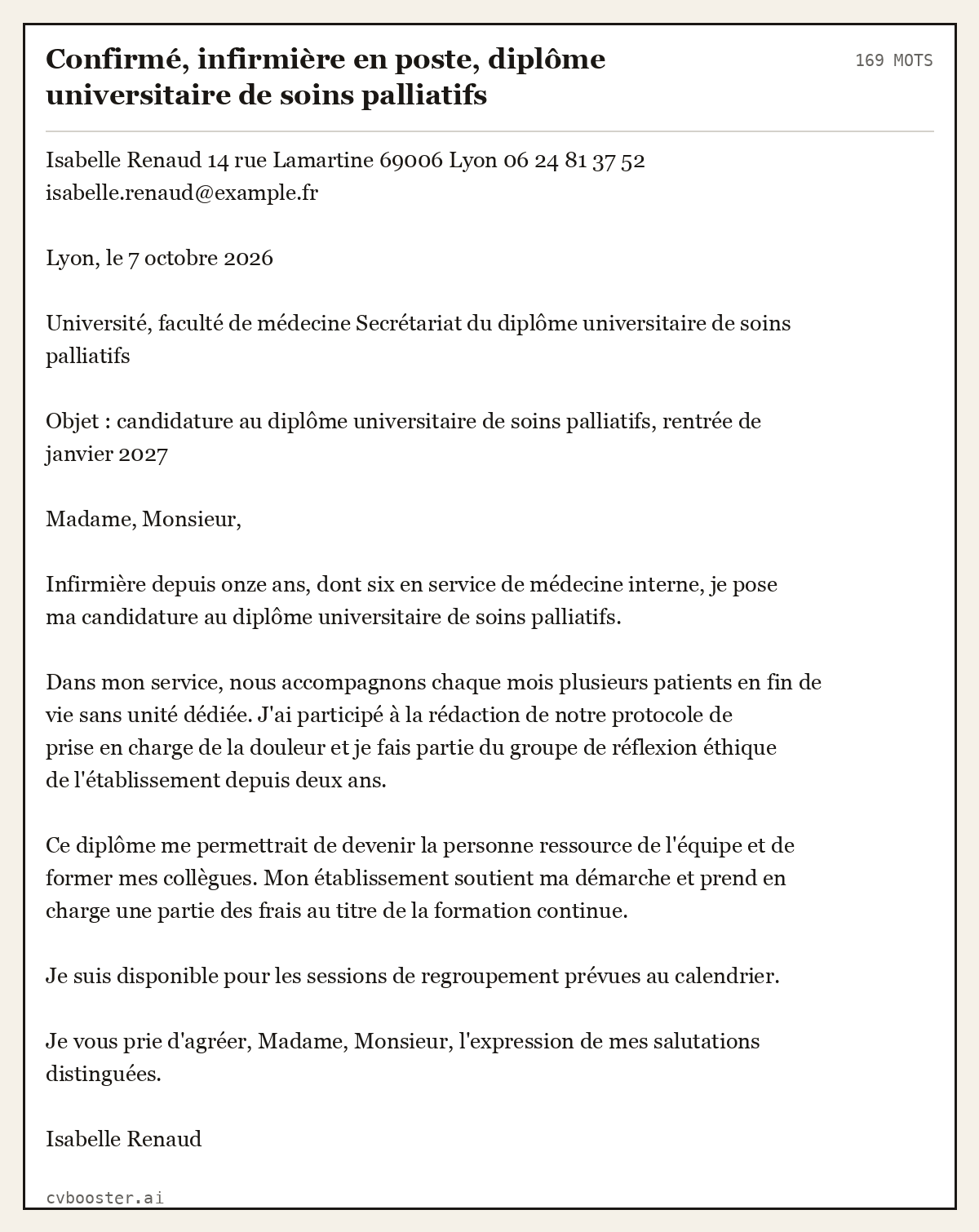 Exemple complet: Confirmé, infirmière en poste, diplôme universitaire de soins palliatifs, 169 mots