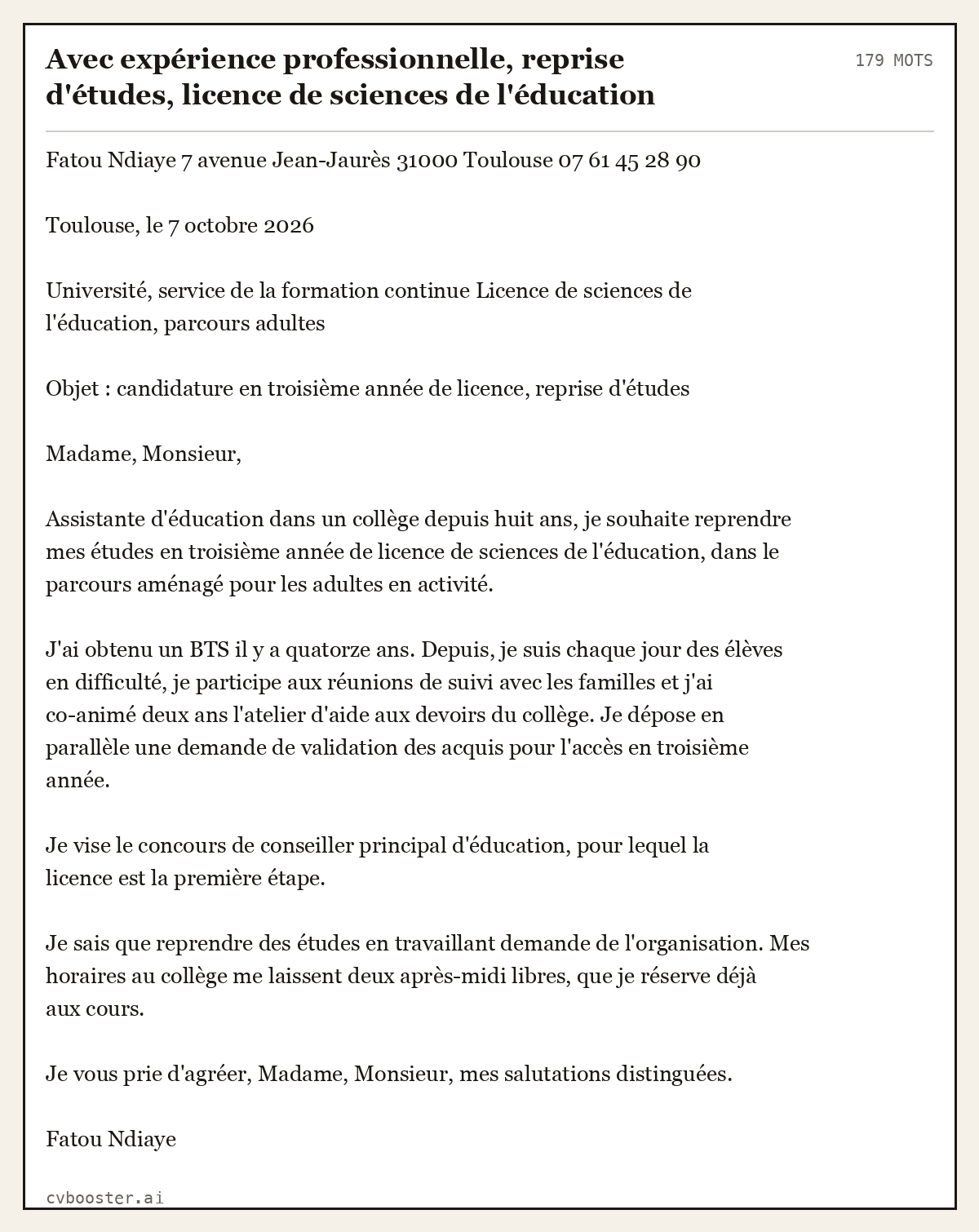 Exemple complet: Avec expérience professionnelle, reprise d'études, licence de sciences de l'éducation, 179 mots