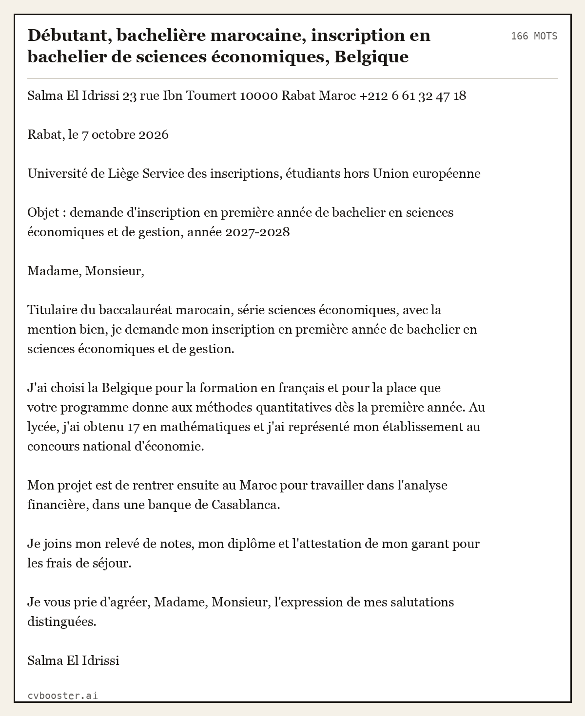 Exemple complet: Débutant, bachelière marocaine, inscription en bachelier de sciences économiques, Belgique, 166 mots