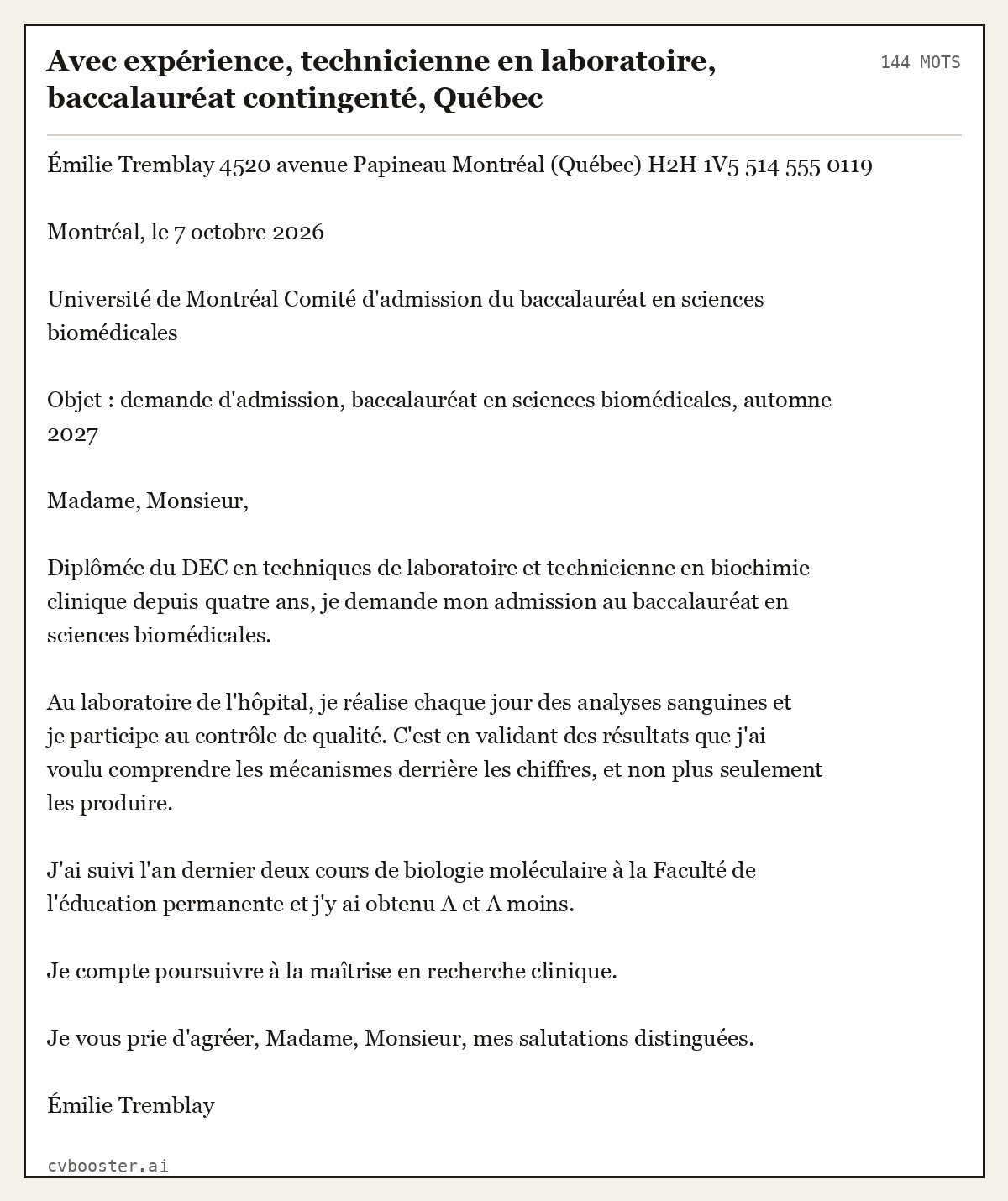 Exemple complet: Avec expérience, technicienne en laboratoire, baccalauréat contingenté, Québec, 144 mots