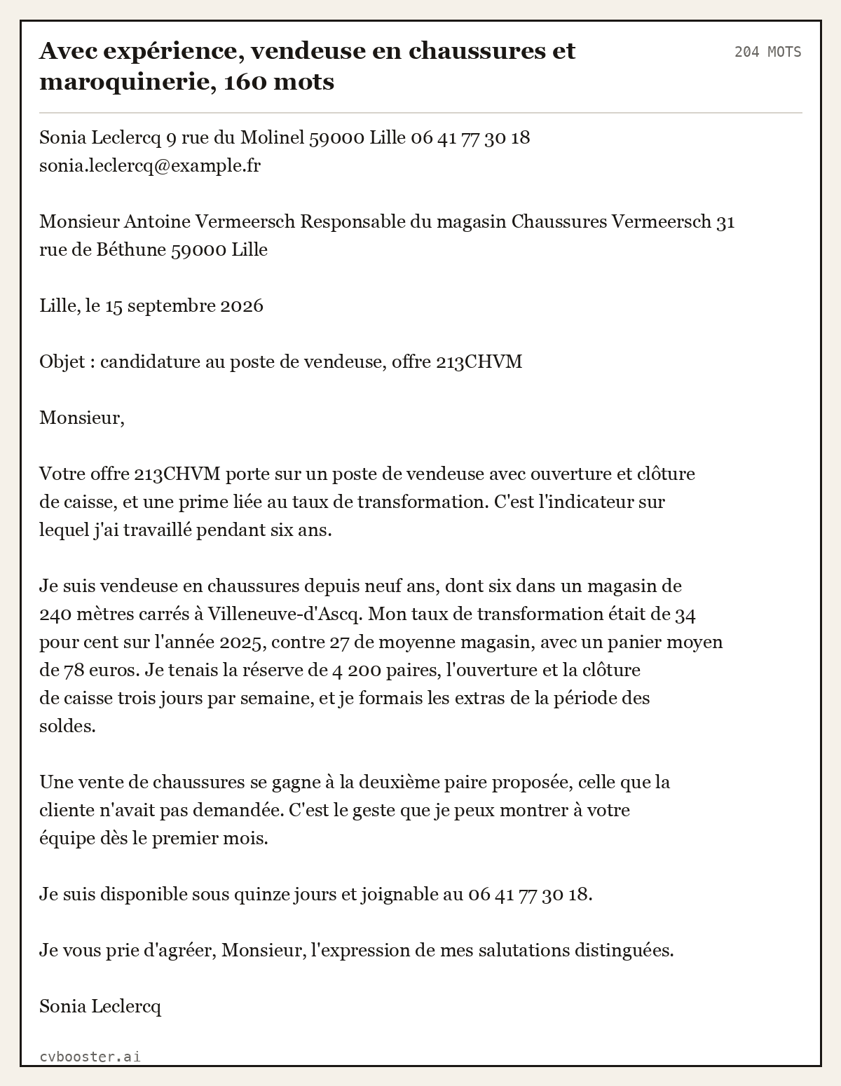 Exemple complet: Avec expérience, vendeuse en chaussures et maroquinerie, 160 mots, 204 mots