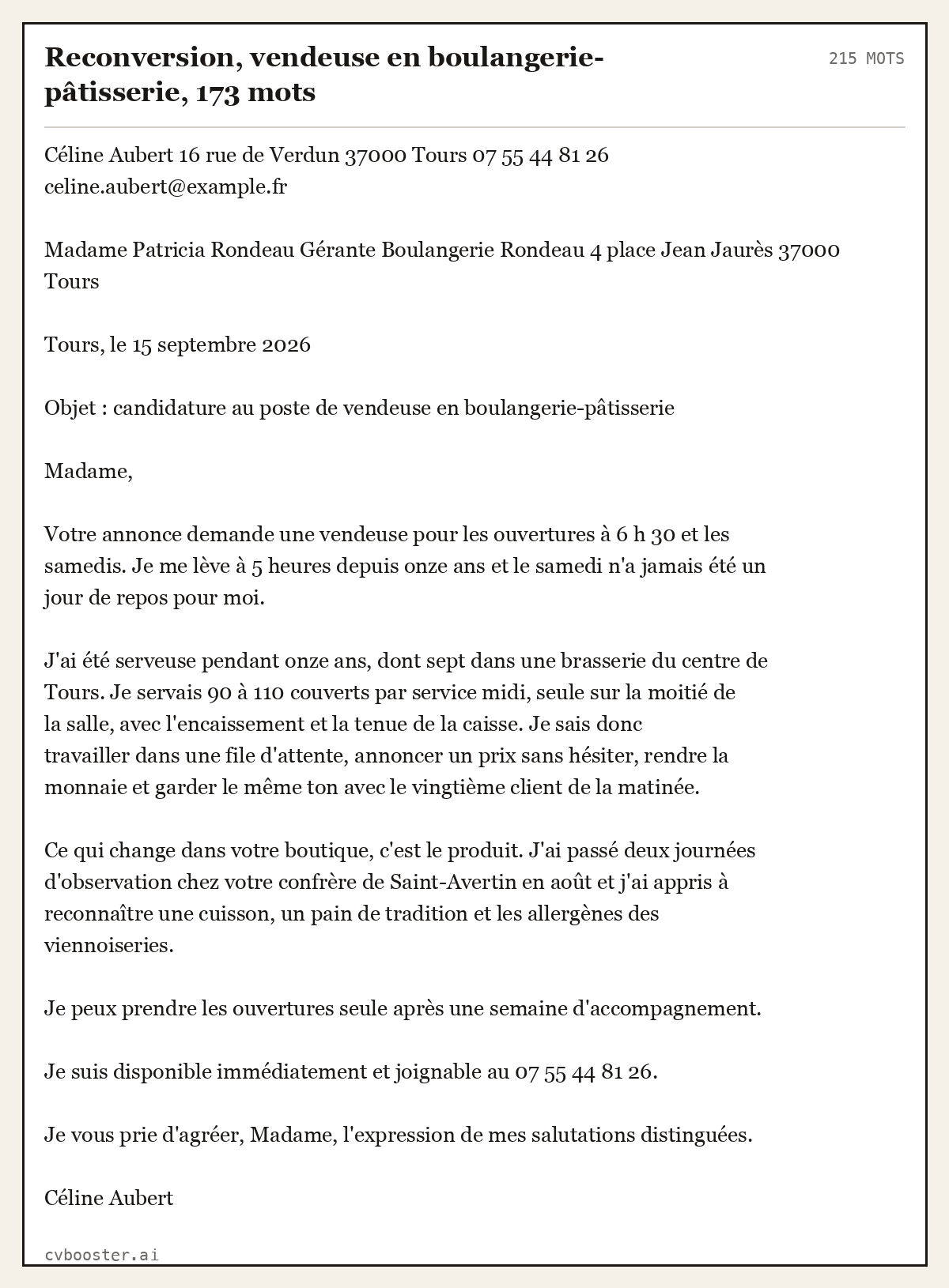 Exemple complet: Reconversion, vendeuse en boulangerie-pâtisserie, 173 mots, 215 mots