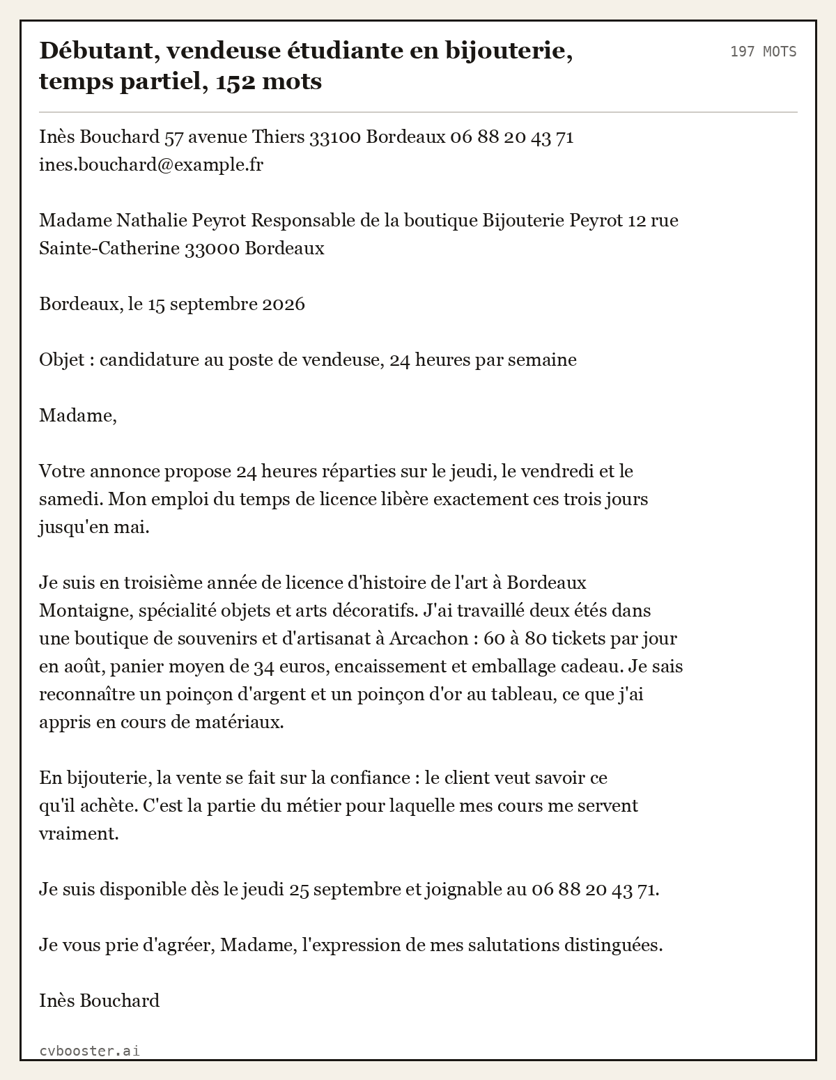 Exemple complet: Débutant, vendeuse étudiante en bijouterie, temps partiel, 152 mots, 197 mots