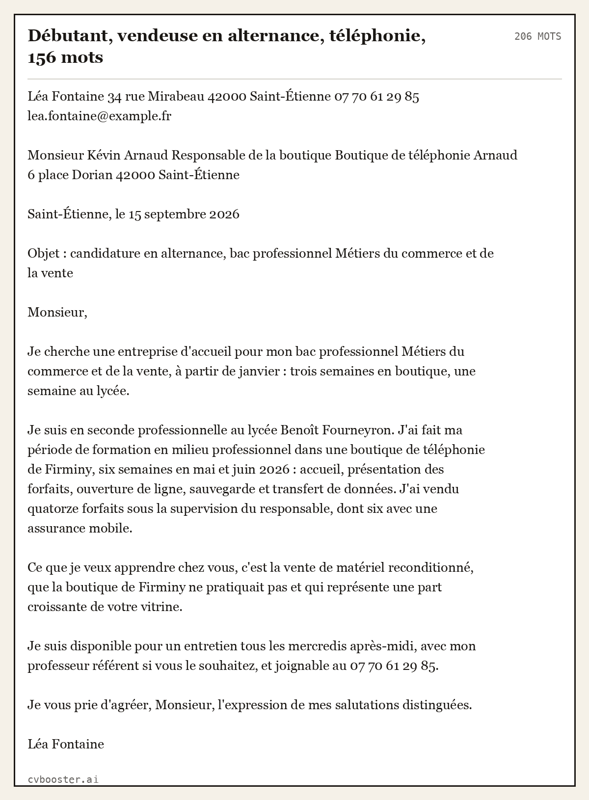 Exemple complet: Débutant, vendeuse en alternance, téléphonie, 156 mots, 206 mots