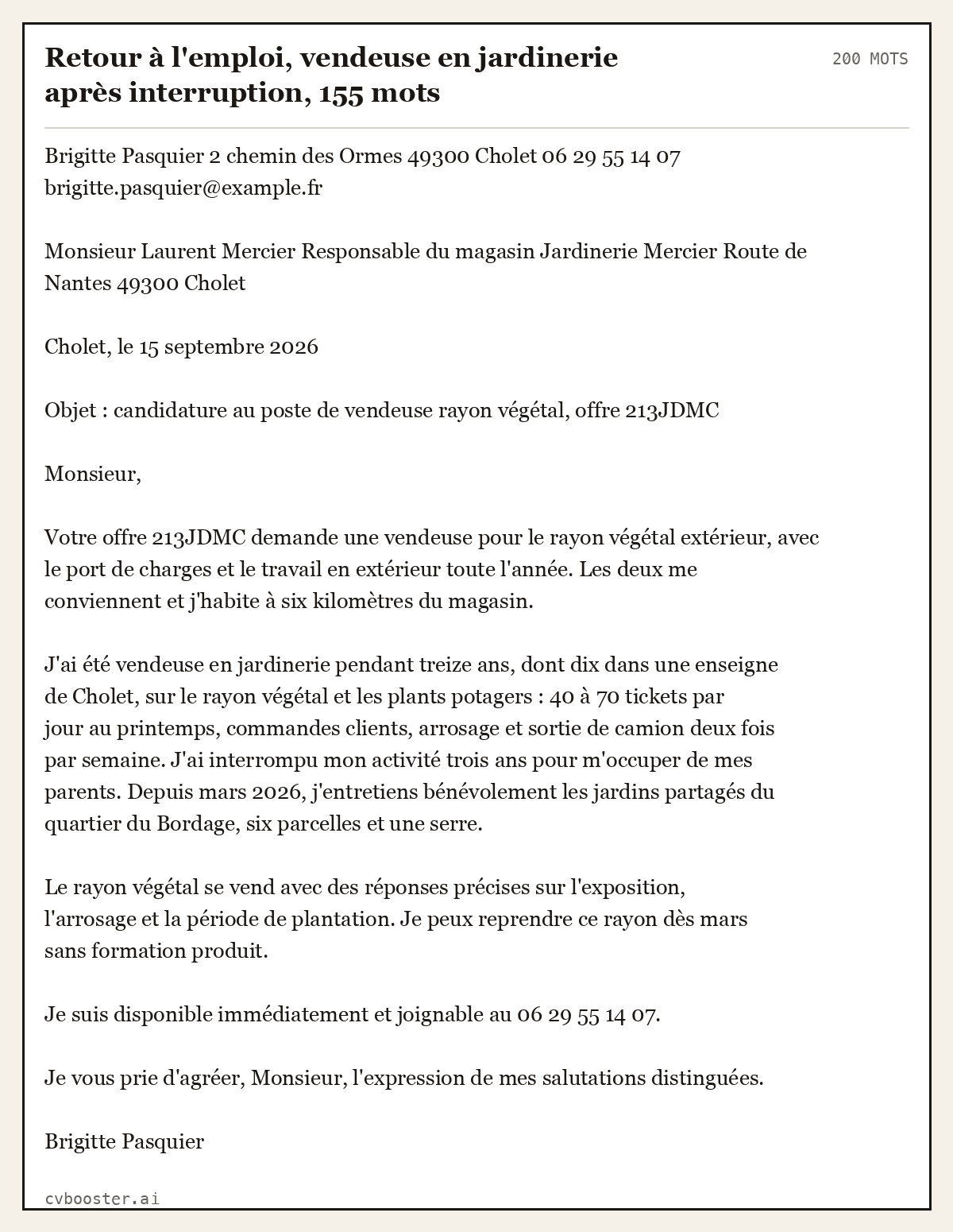 Exemple complet: Retour à l'emploi, vendeuse en jardinerie après interruption, 155 mots, 200 mots
