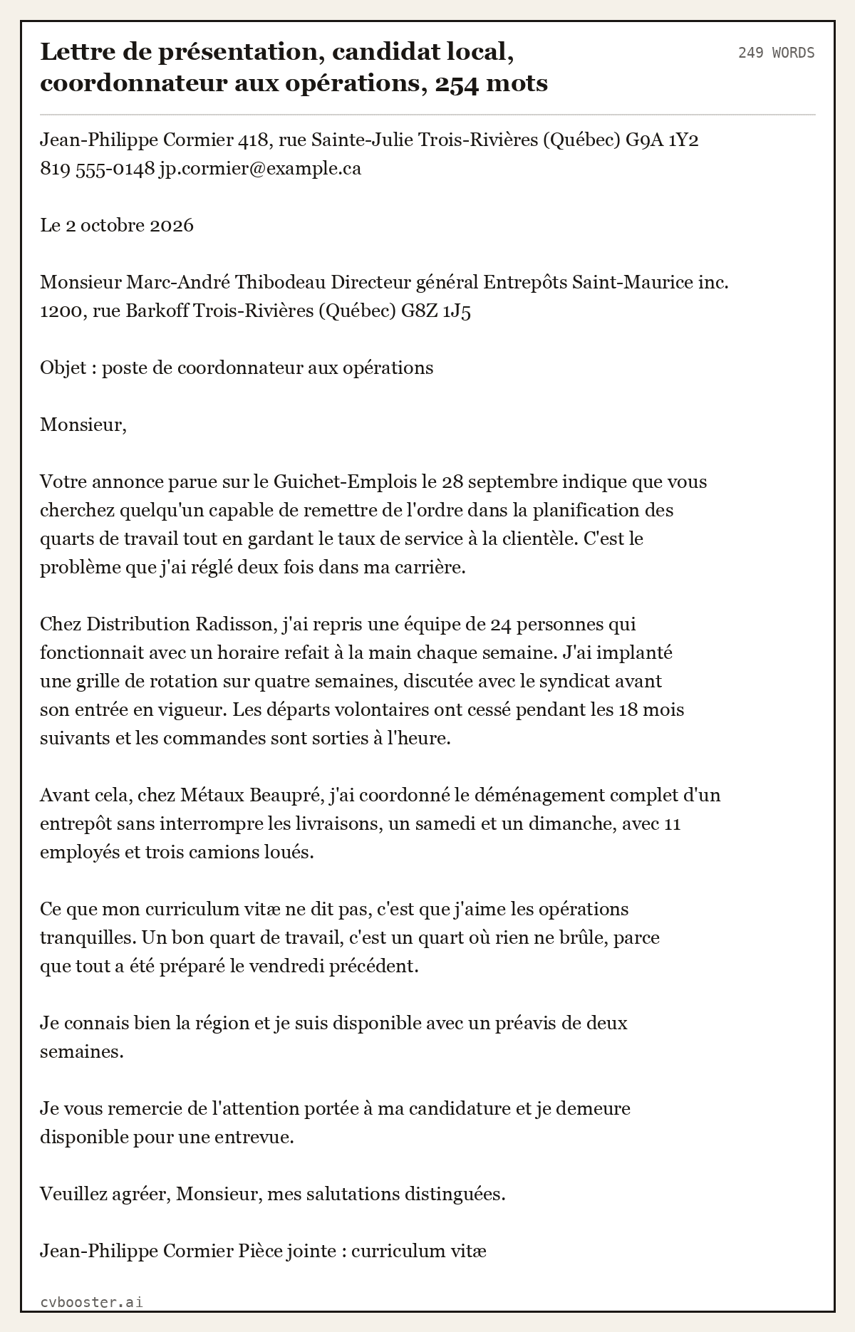 Exemple complet: Lettre de présentation, candidat local, coordonnateur aux opérations, 254 mots, 249 mots