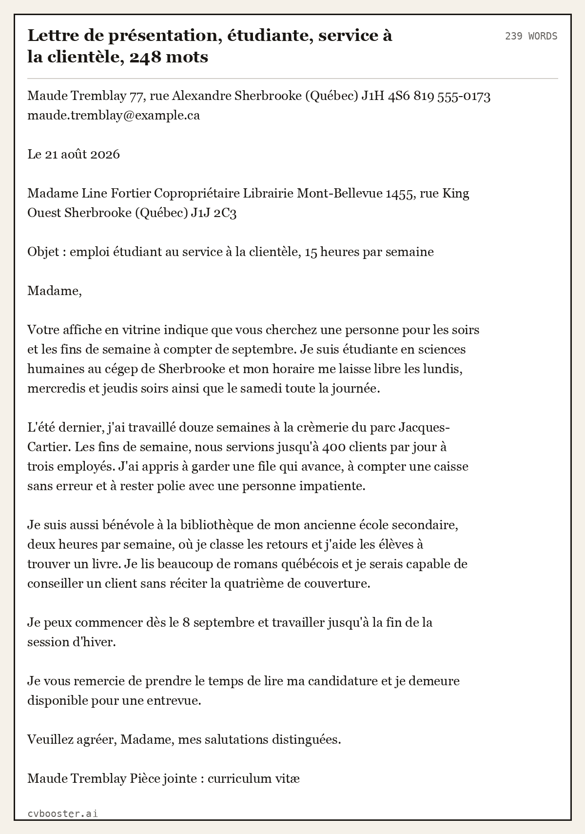 Exemple complet: Lettre de présentation, étudiante, service à la clientèle, 248 mots, 239 mots
