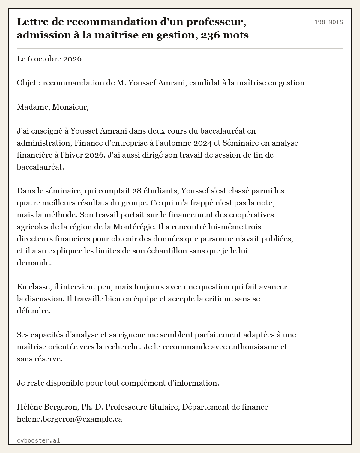 Exemple complet: Lettre de recommandation d'un professeur, admission à la maîtrise en gestion, 198 mots