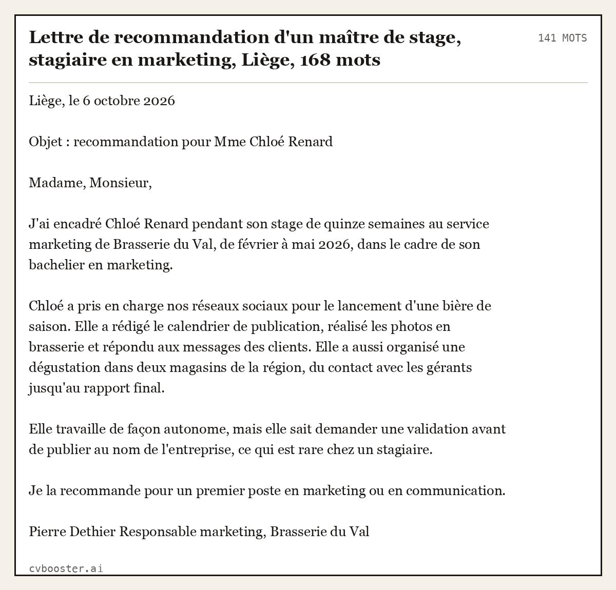 Exemple complet: Lettre de recommandation d'un maître de stage, stagiaire en marketing, Liège, 141 mots