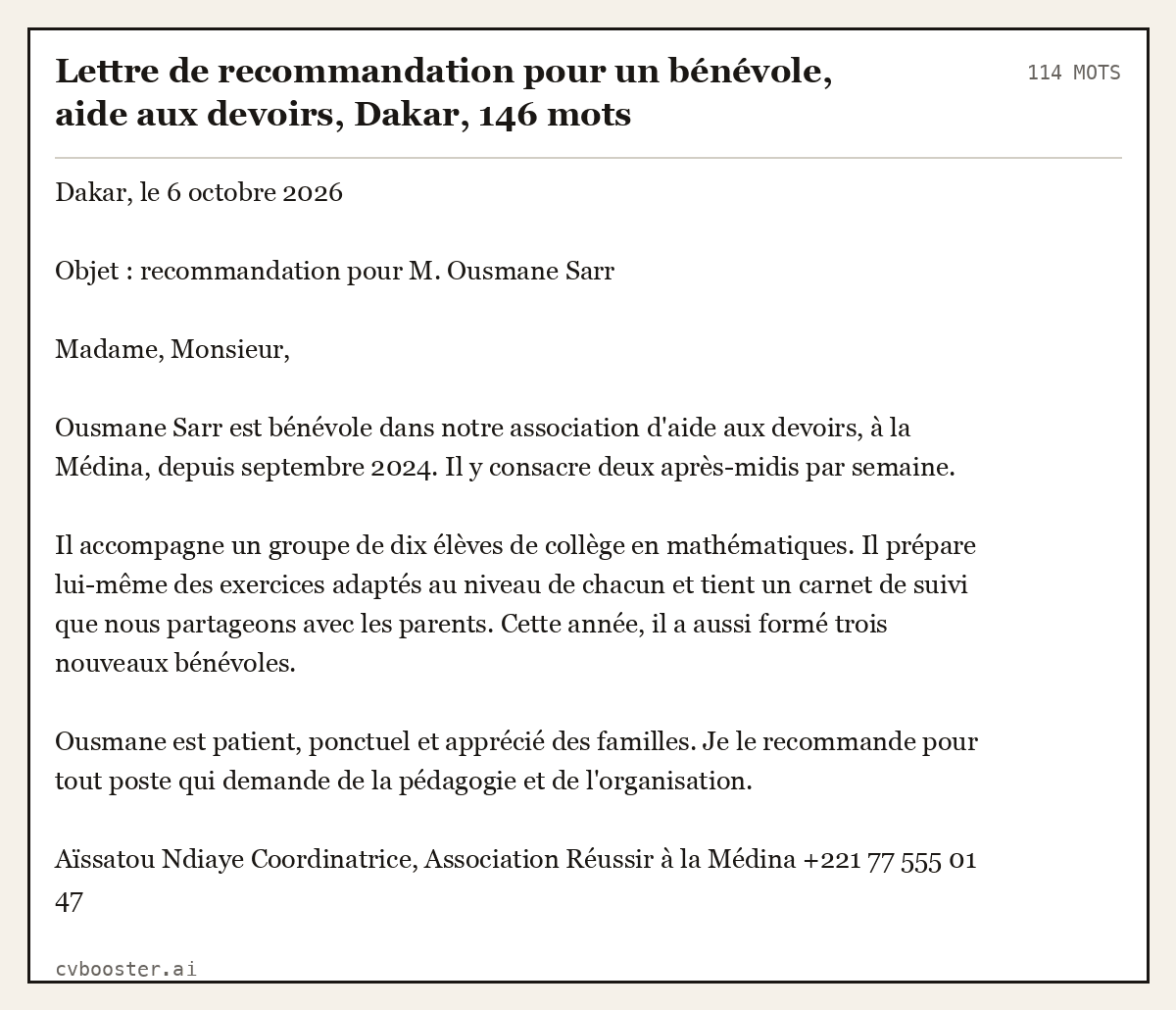 Exemple complet: Lettre de recommandation pour un bénévole, aide aux devoirs, Dakar, 114 mots