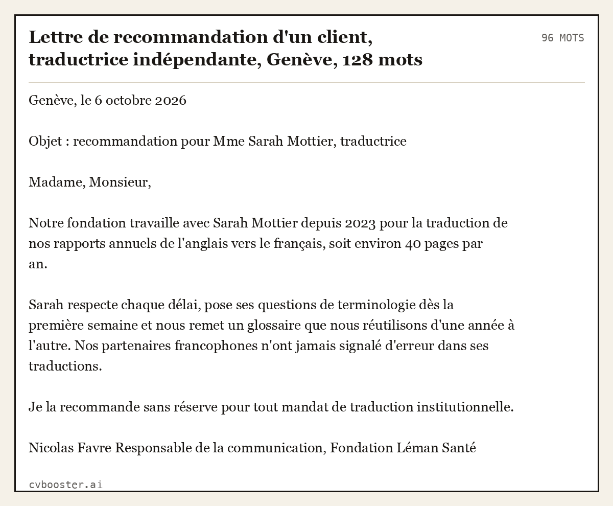 Exemple complet: Lettre de recommandation d'un client, traductrice indépendante, Genève, 96 mots