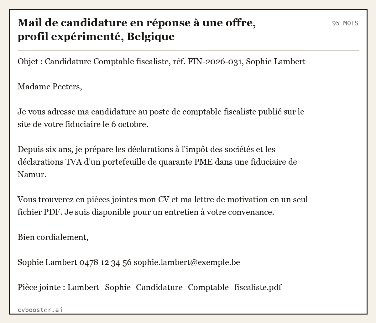 Exemple complet: Mail de candidature en réponse à une offre, profil expérimenté, Belgique, 95 mots