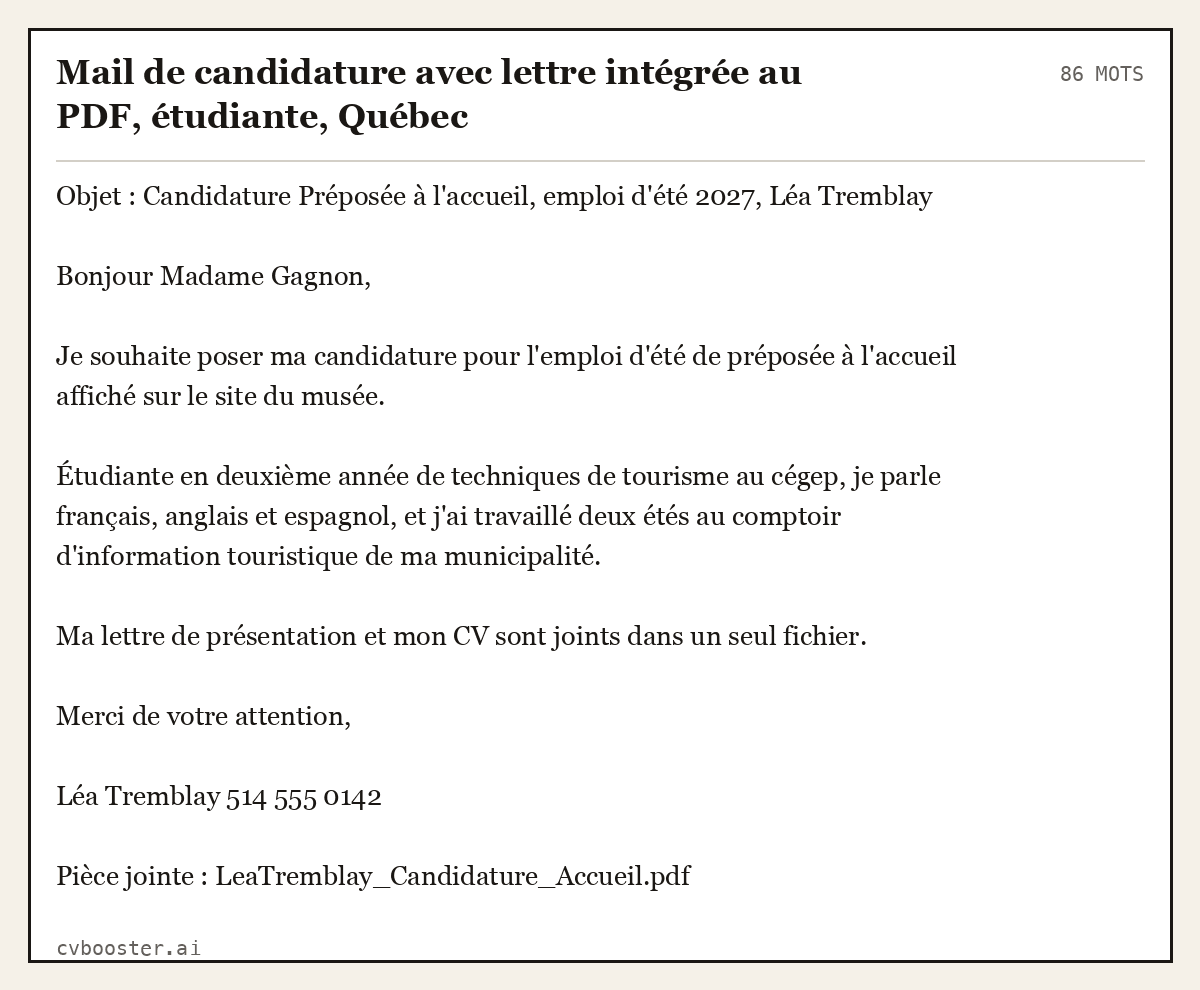 Exemple complet: Mail de candidature avec lettre intégrée au PDF, étudiante, Québec, 86 mots