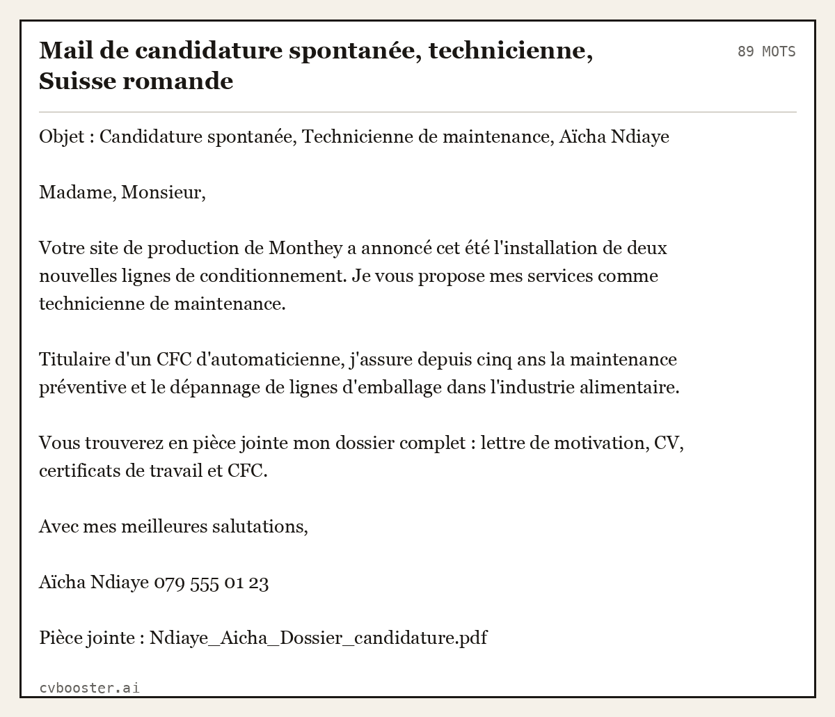 Exemple complet: Mail de candidature spontanée, technicienne, Suisse romande, 89 mots