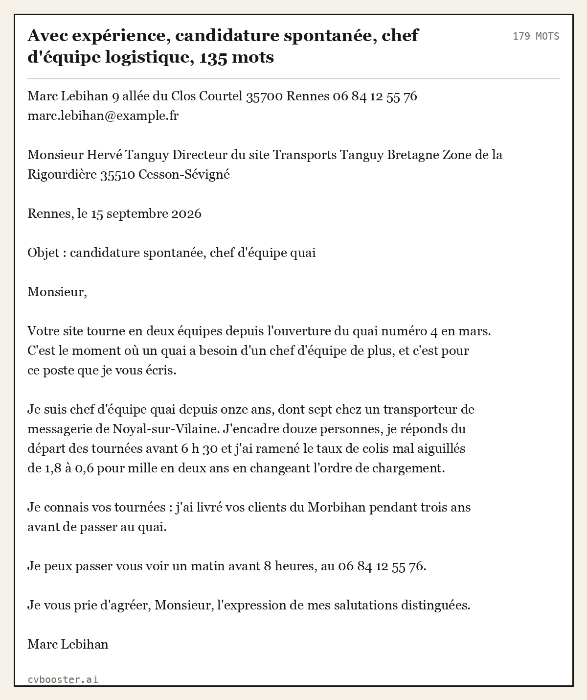 Exemple complet: Avec expérience, candidature spontanée, chef d'équipe logistique, 135 mots, 179 mots