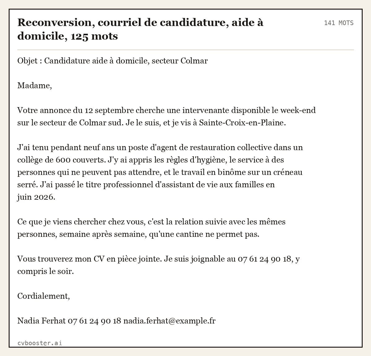 Exemple complet: Reconversion, courriel de candidature, aide à domicile, 125 mots, 141 mots