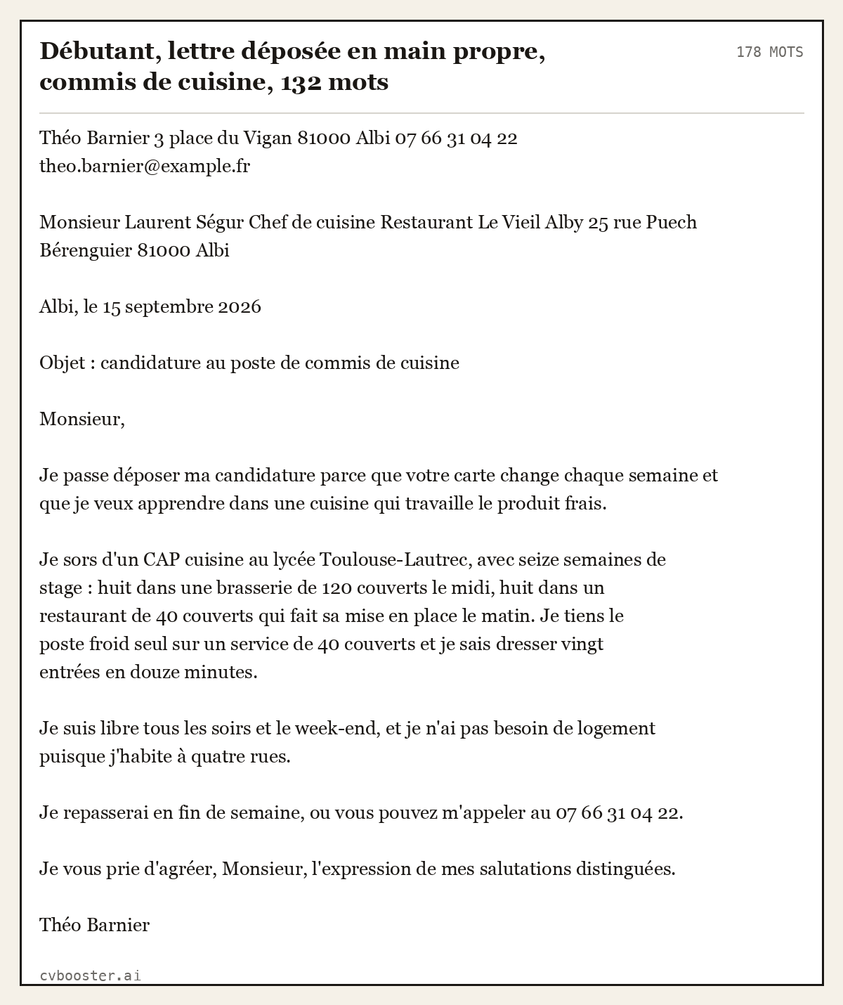 Exemple complet: Débutant, lettre déposée en main propre, commis de cuisine, 132 mots, 178 mots